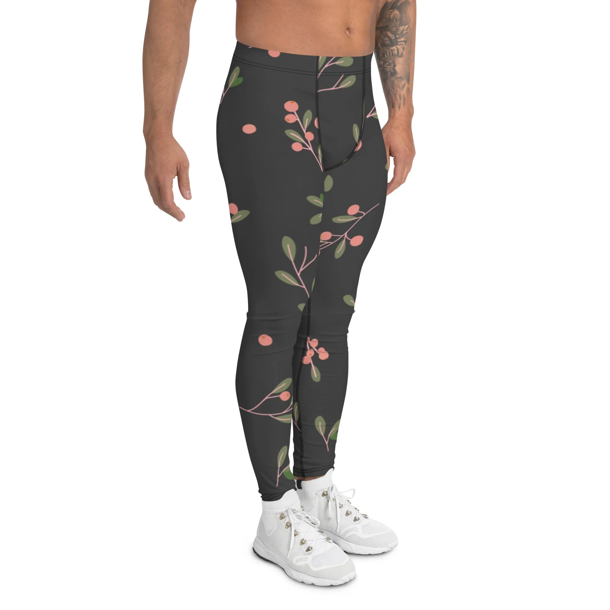 Dark Floral Best Men's Leggings, Classic Flower Print Best Designer Compression Tights For Men-Made in USA/EU/MX