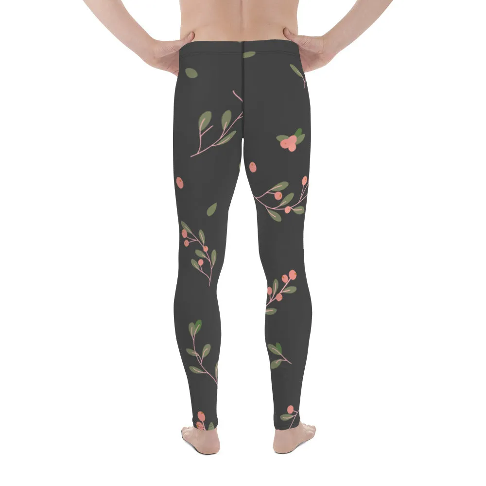 Dark Floral Best Men's Leggings, Classic Flower Print Best Designer Compression Tights For Men-Made in USA/EU/MX