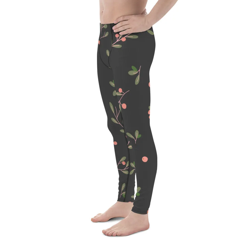 Dark Floral Best Men's Leggings, Classic Flower Print Best Designer Compression Tights For Men-Made in USA/EU/MX