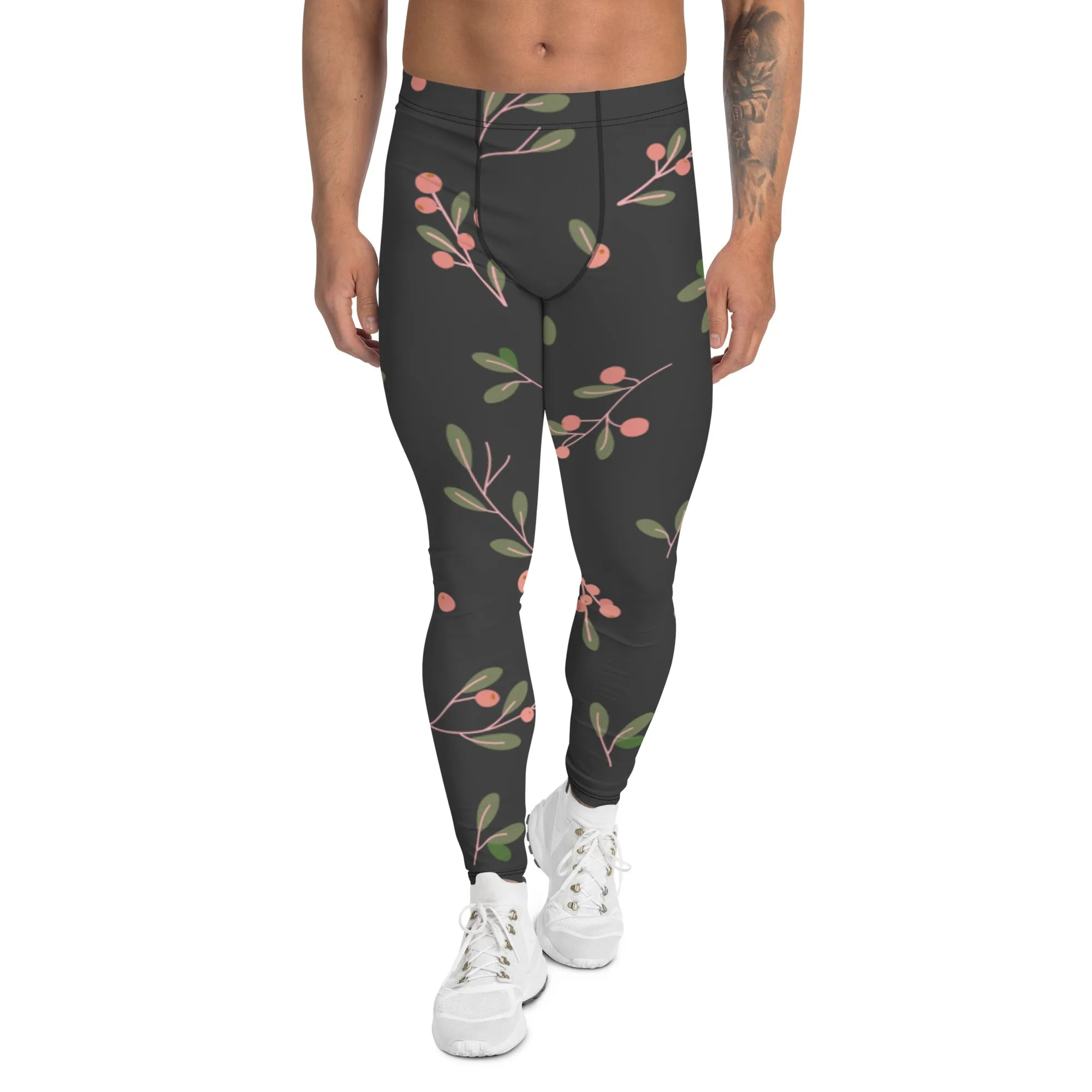 Dark Floral Best Men's Leggings, Classic Flower Print Best Designer Compression Tights For Men-Made in USA/EU/MX