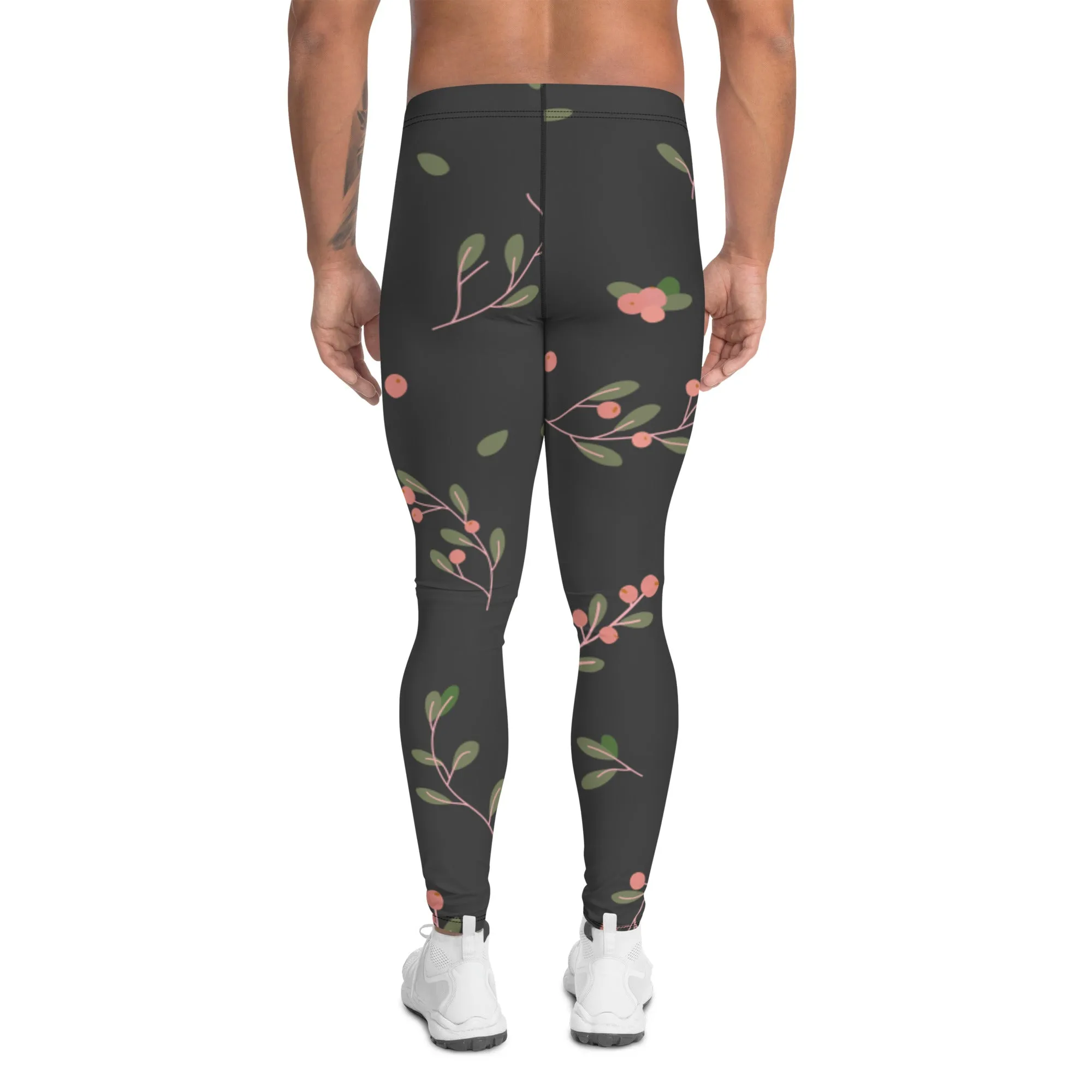 Dark Floral Best Men's Leggings, Classic Flower Print Best Designer Compression Tights For Men-Made in USA/EU/MX