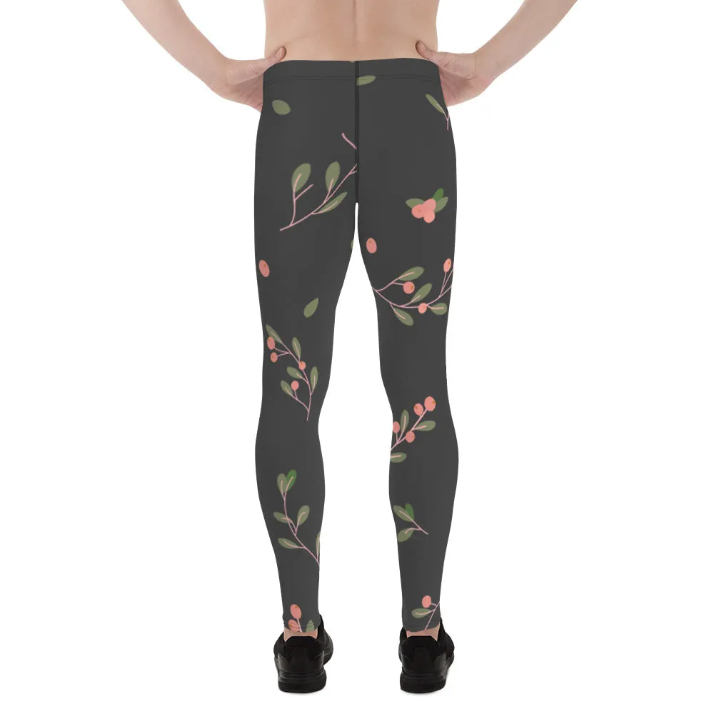 Dark Floral Best Men's Leggings, Classic Flower Print Best Designer Compression Tights For Men-Made in USA/EU/MX