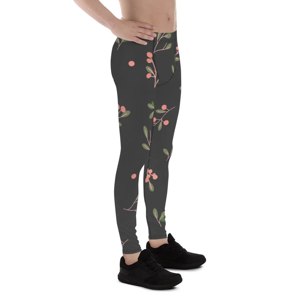 Dark Floral Best Men's Leggings, Classic Flower Print Best Designer Compression Tights For Men-Made in USA/EU/MX