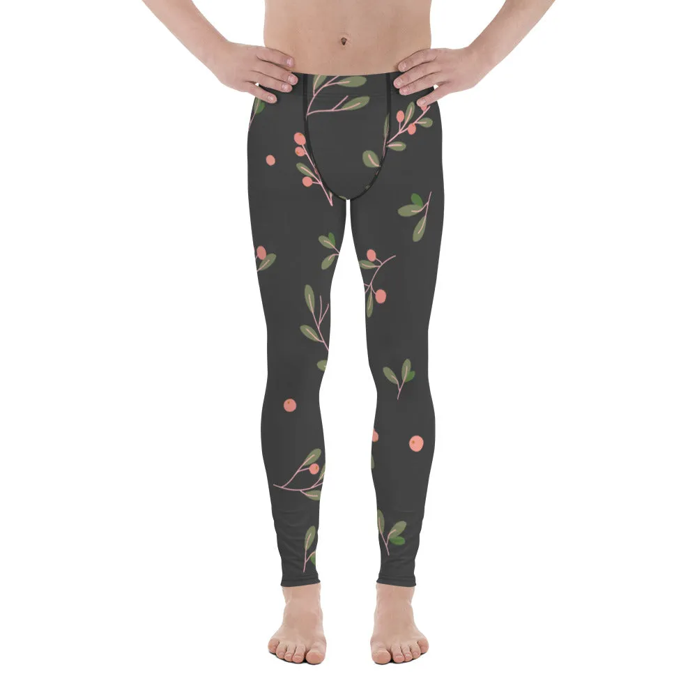 Dark Floral Best Men's Leggings, Classic Flower Print Best Designer Compression Tights For Men-Made in USA/EU/MX