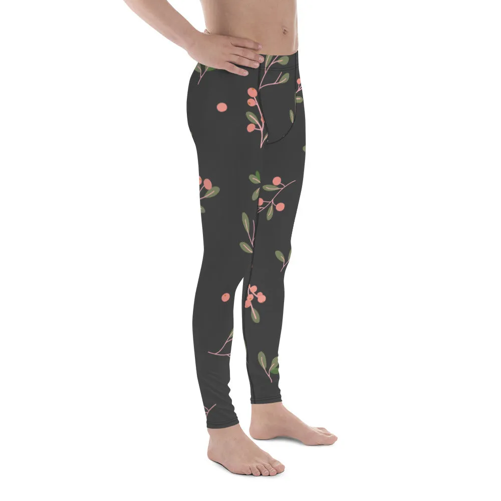 Dark Floral Best Men's Leggings, Classic Flower Print Best Designer Compression Tights For Men-Made in USA/EU/MX