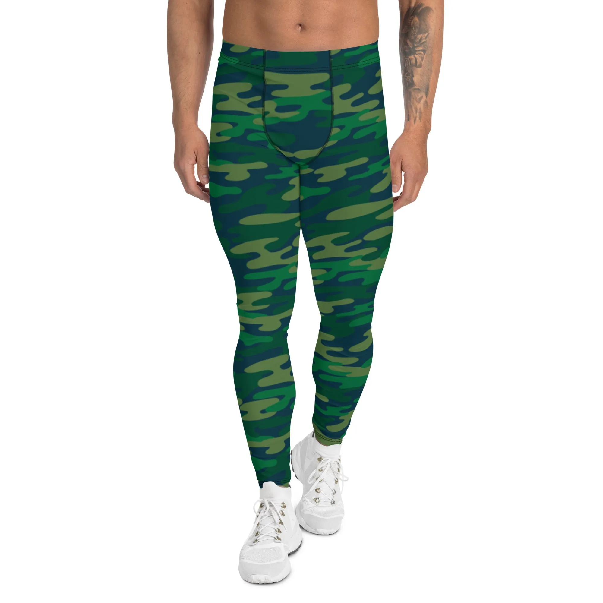 Dark Green Camouflaged Best Meggings, Army Camouflage Premium Quality Meggings Running Tights-Made in USA/EU/MX