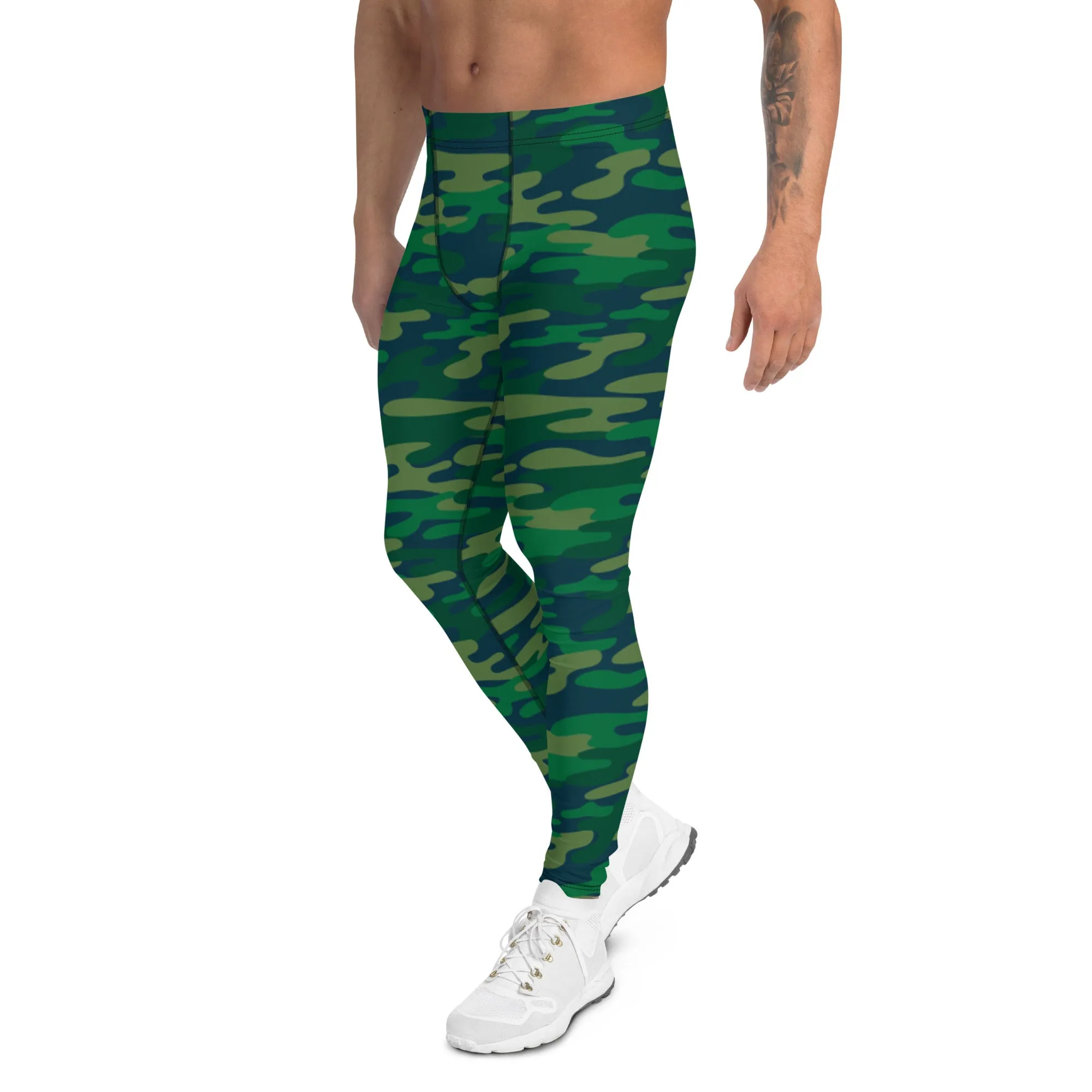 Dark Green Camouflaged Best Meggings, Army Camouflage Premium Quality Meggings Running Tights-Made in USA/EU/MX