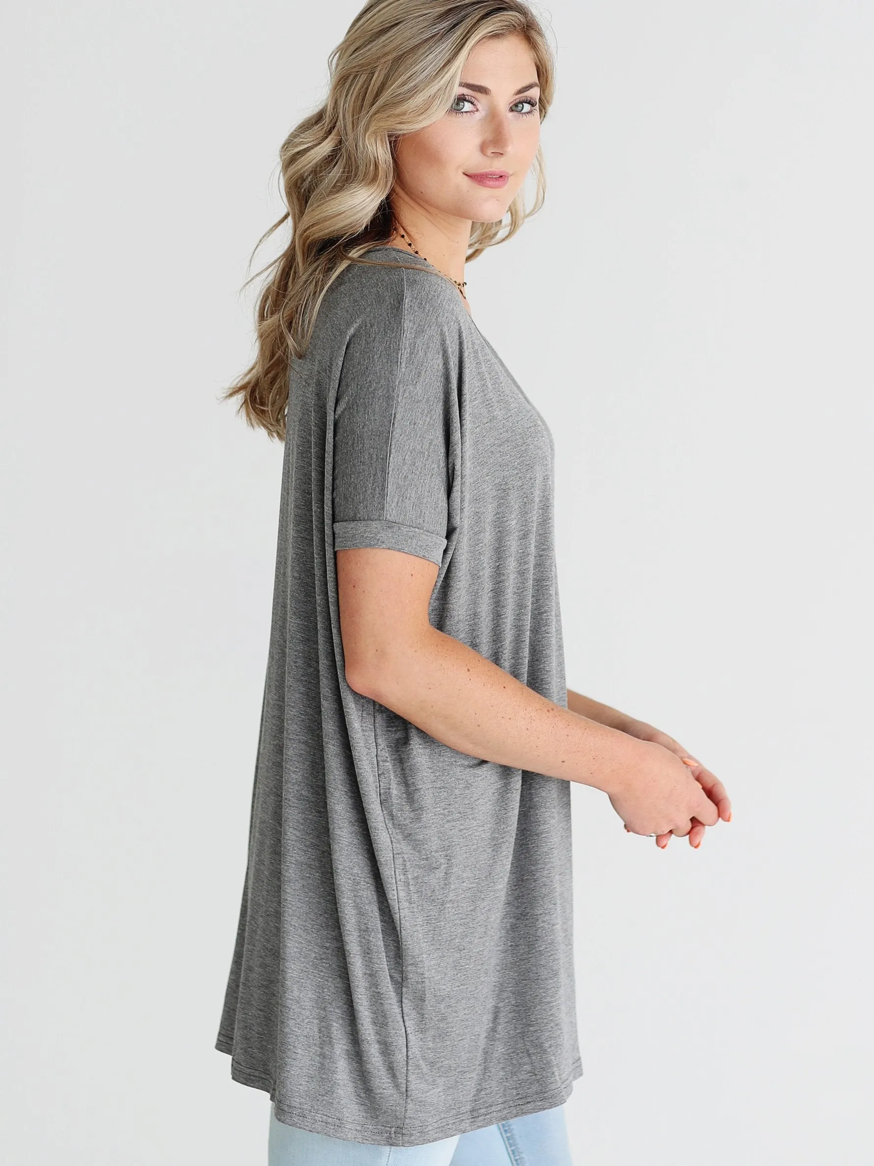 Dark Heather Gray V-Neck Short Sleeve Tunic