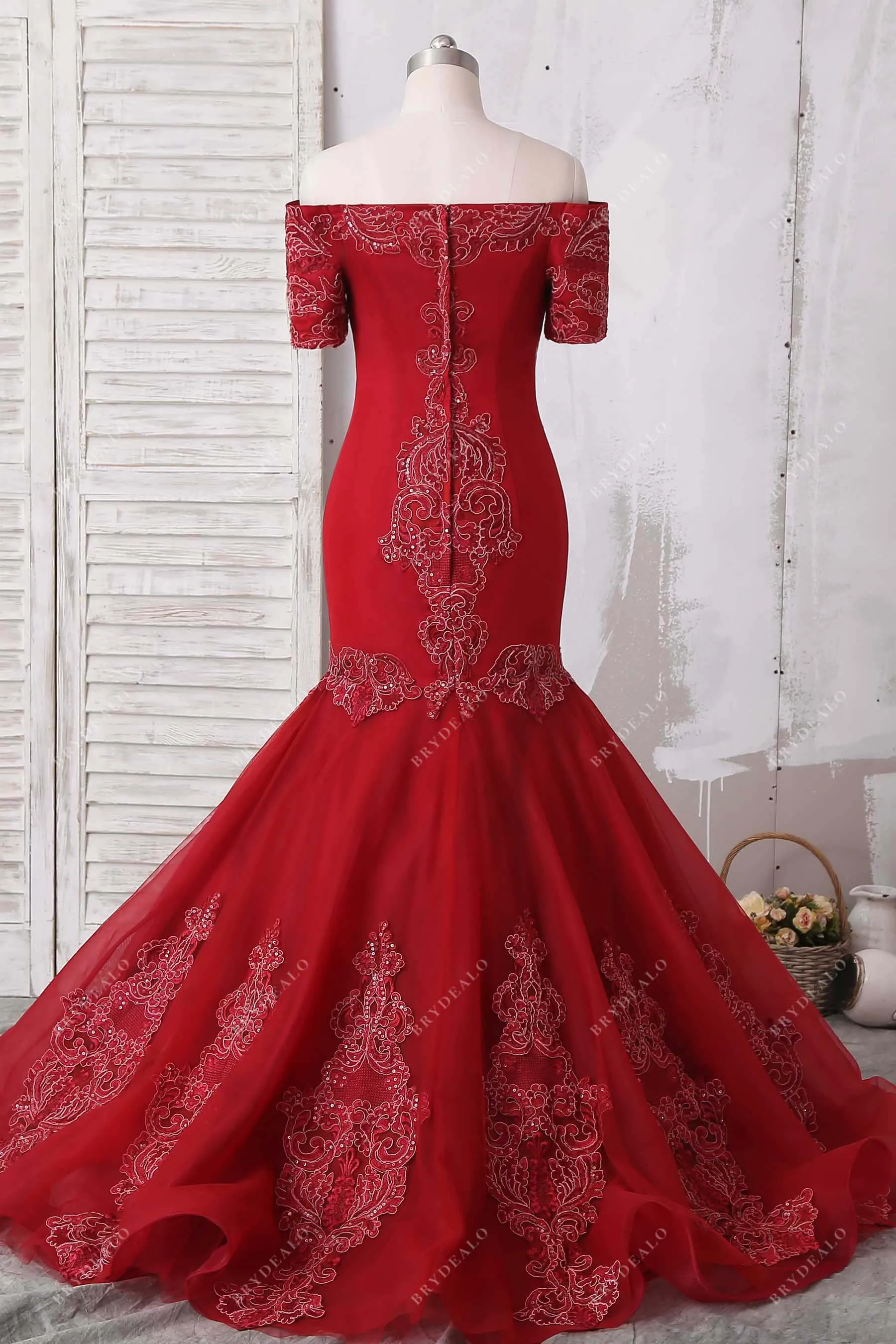 Dark Red Lace Off-the-shoulder Trumpet Prom Dress