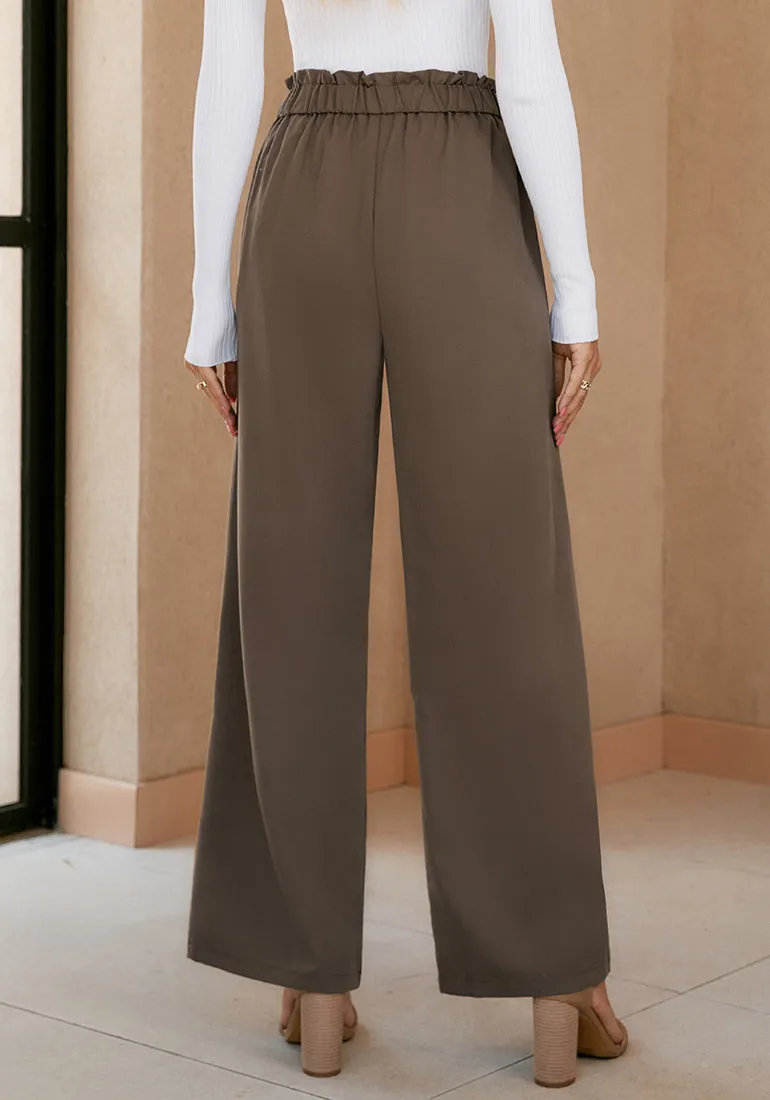 Deep Taupe Women's Brief Elastic Waist High Waisted Wide Leg Pant with Belt