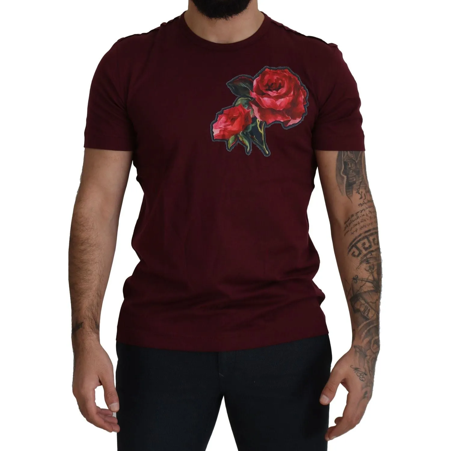 Dolce & Gabbana Elegant Bordeaux Roses Motif Crewneck Tee