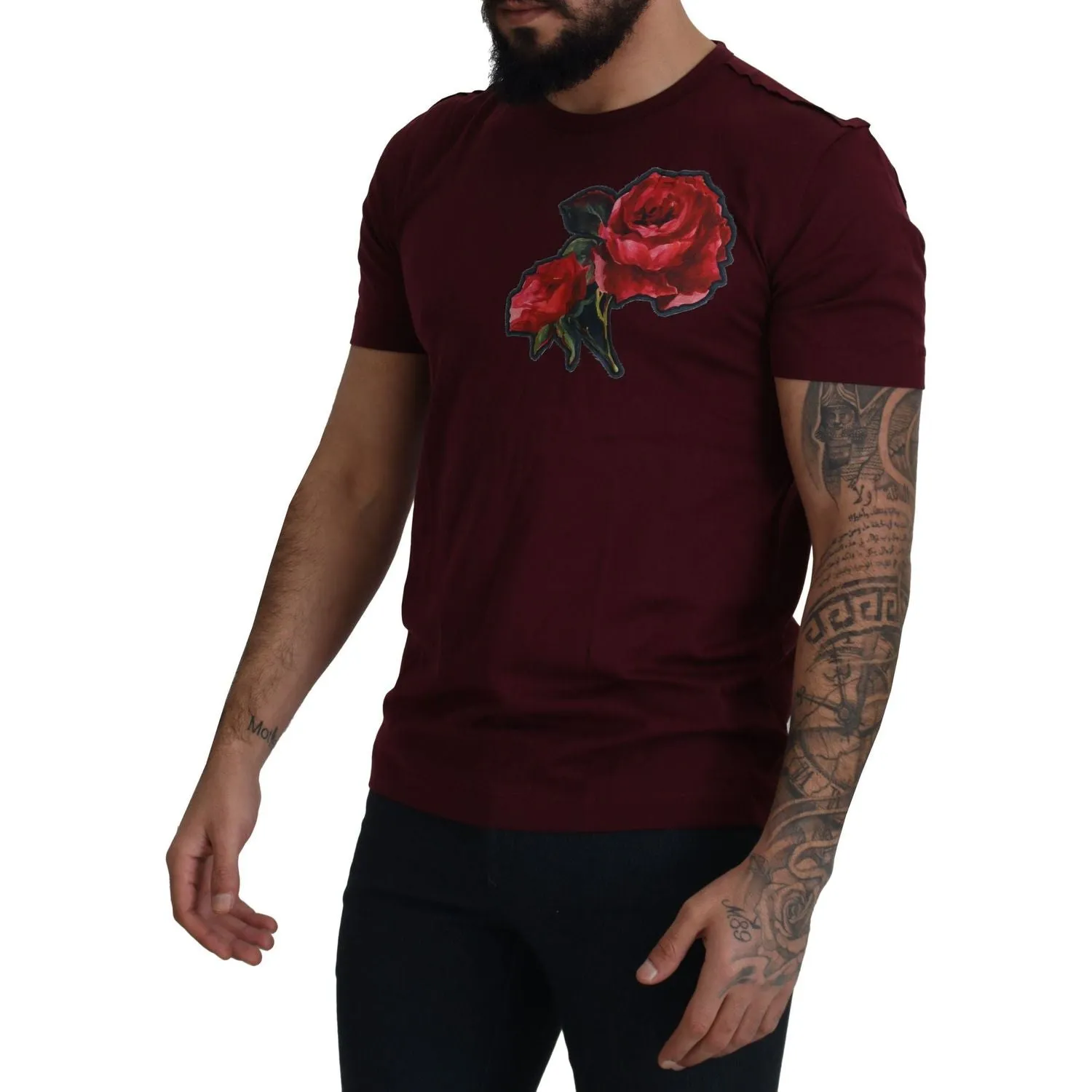 Dolce & Gabbana Elegant Bordeaux Roses Motif Crewneck Tee