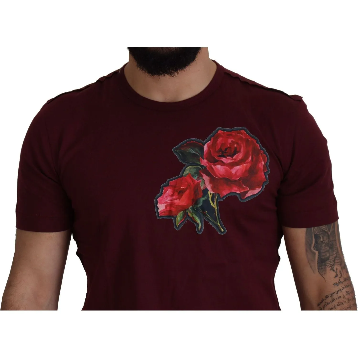 Dolce & Gabbana Elegant Bordeaux Roses Motif Crewneck Tee