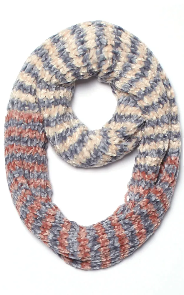 EAN9145 Three Tone Chenille Stripe Infinity Scarf