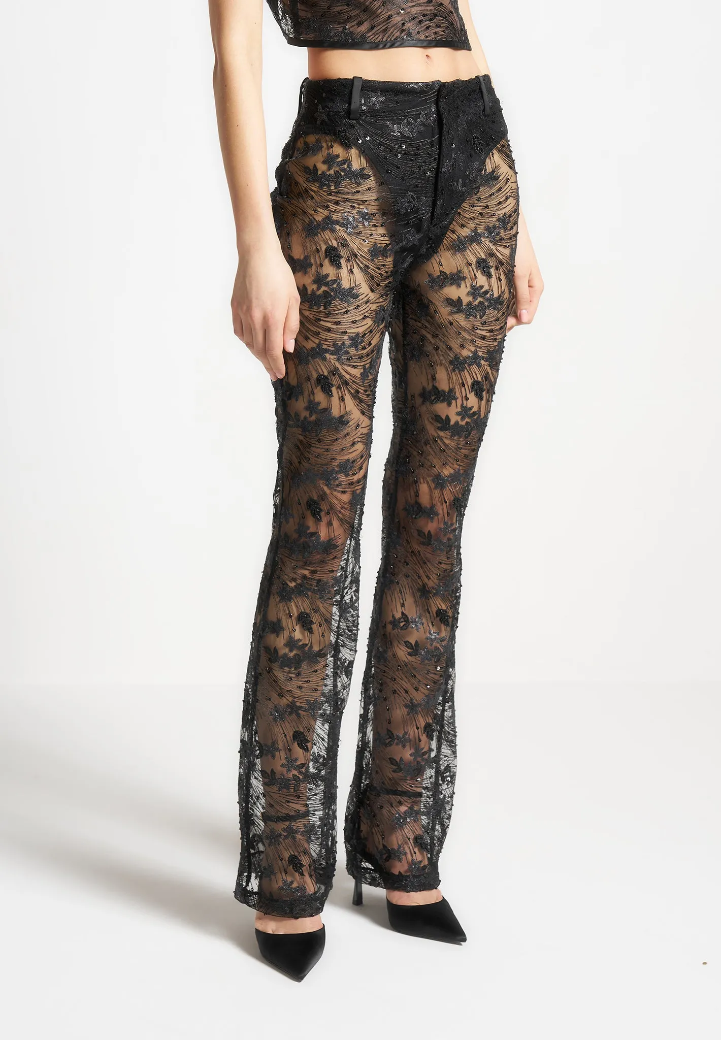 Embellished Lace Fit and Flare Trousers - Black