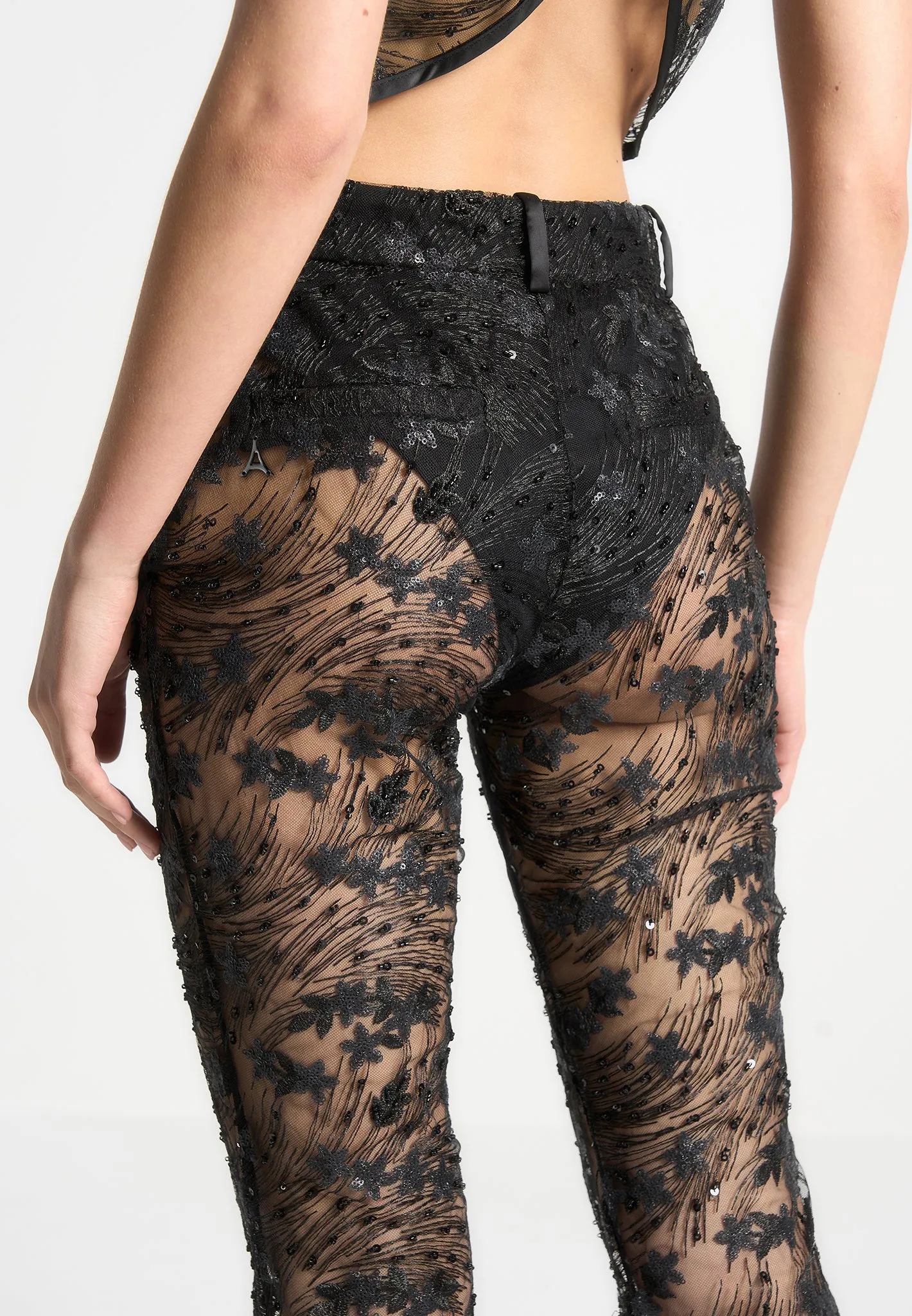 Embellished Lace Fit and Flare Trousers - Black