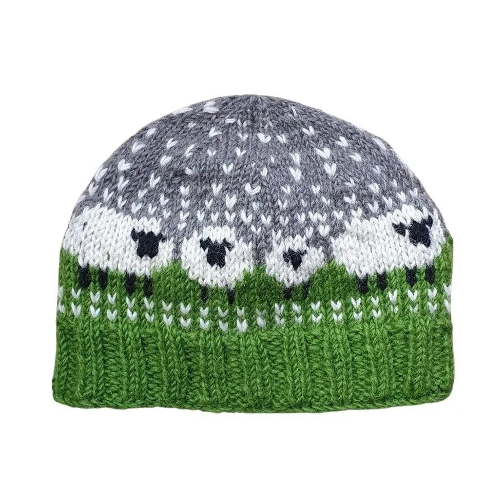 Field Green Sheep Beanie Hat (100% Hand Knitted Wool)