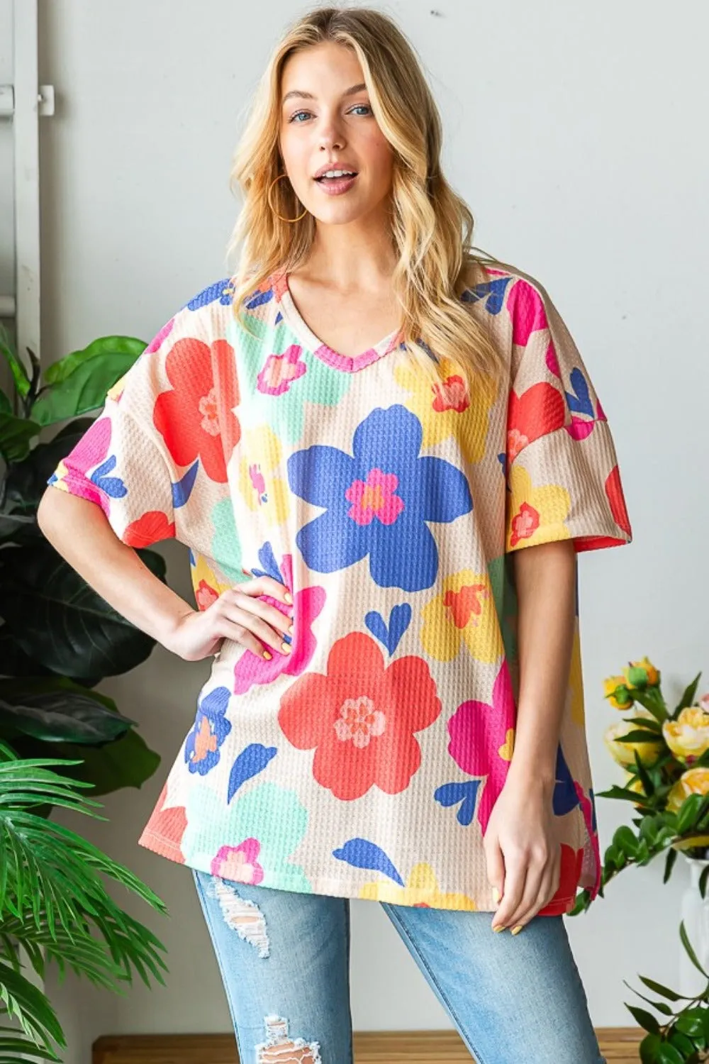 Full Size Floral V-Neck Side Slit T-Shirt