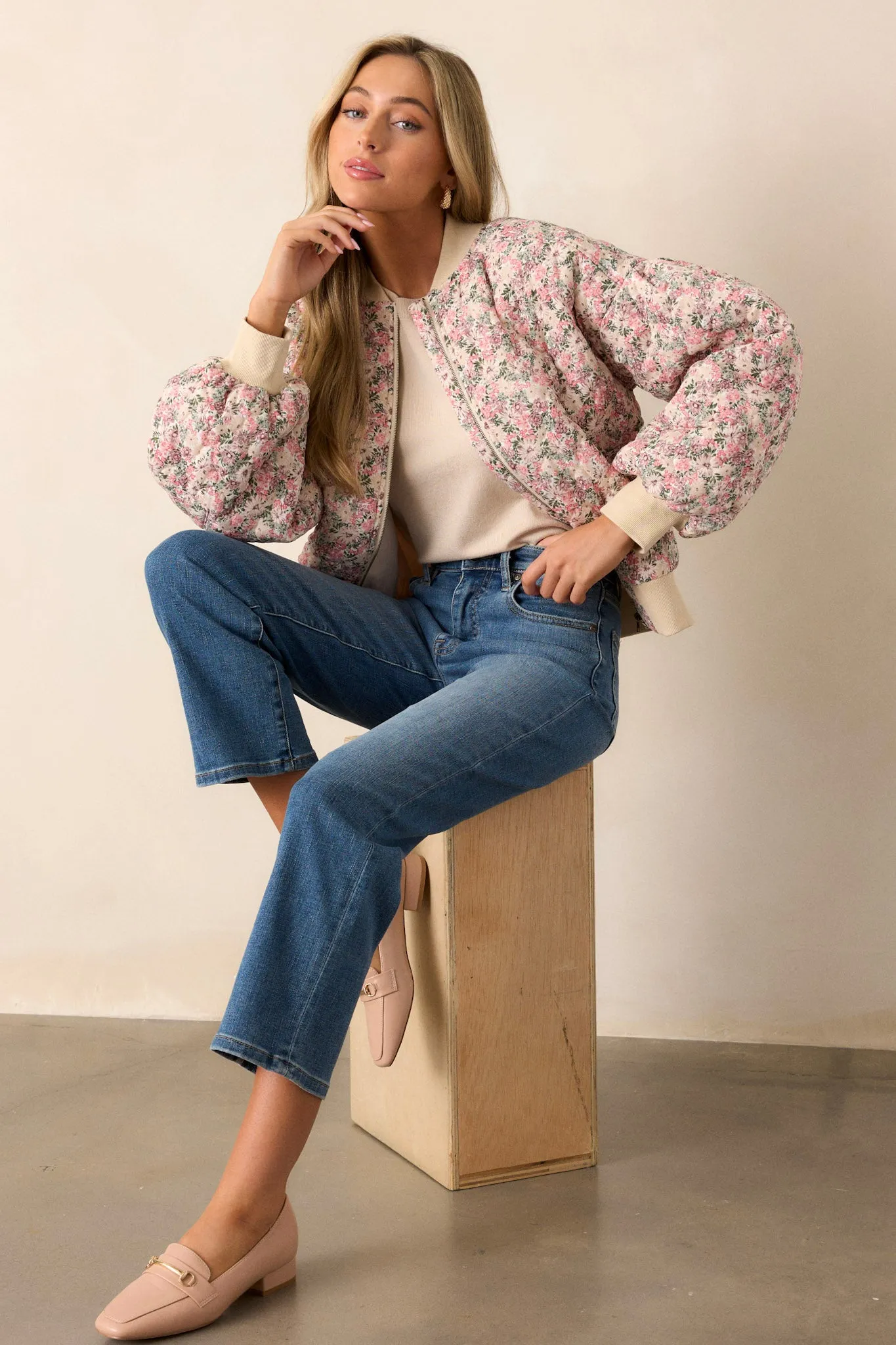 Gentle Hues Pink Floral Quilted Bomber Jacket