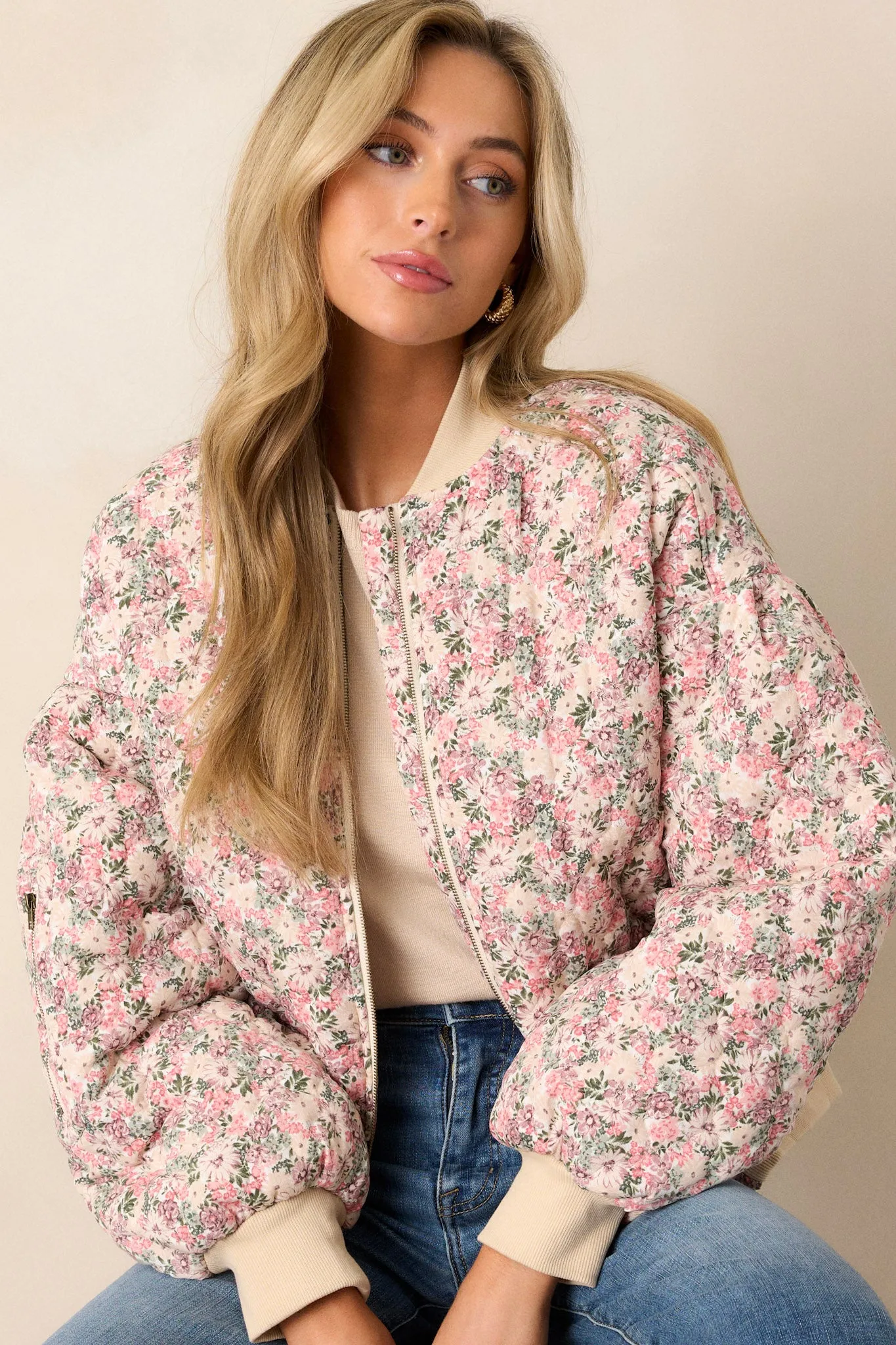 Gentle Hues Pink Floral Quilted Bomber Jacket