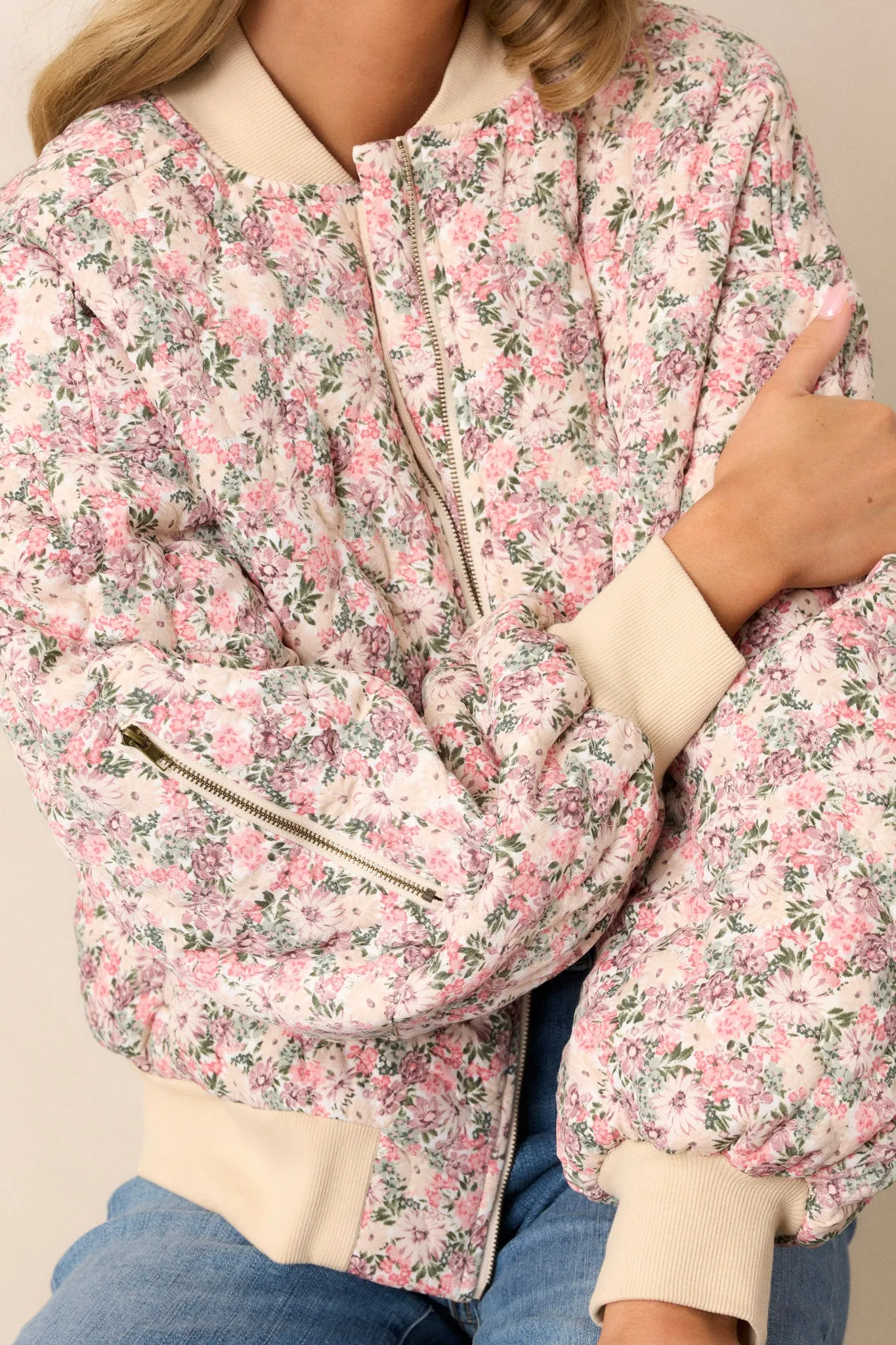 Gentle Hues Pink Floral Quilted Bomber Jacket