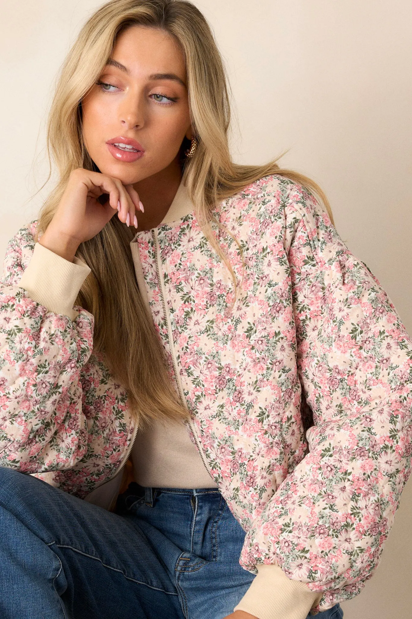 Gentle Hues Pink Floral Quilted Bomber Jacket