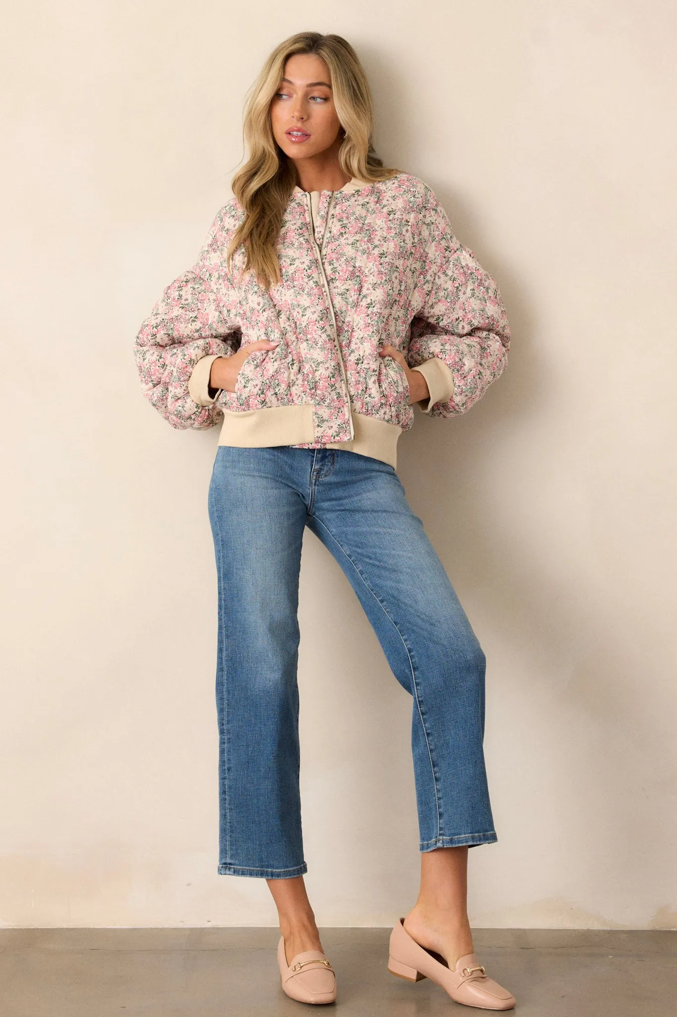 Gentle Hues Pink Floral Quilted Bomber Jacket