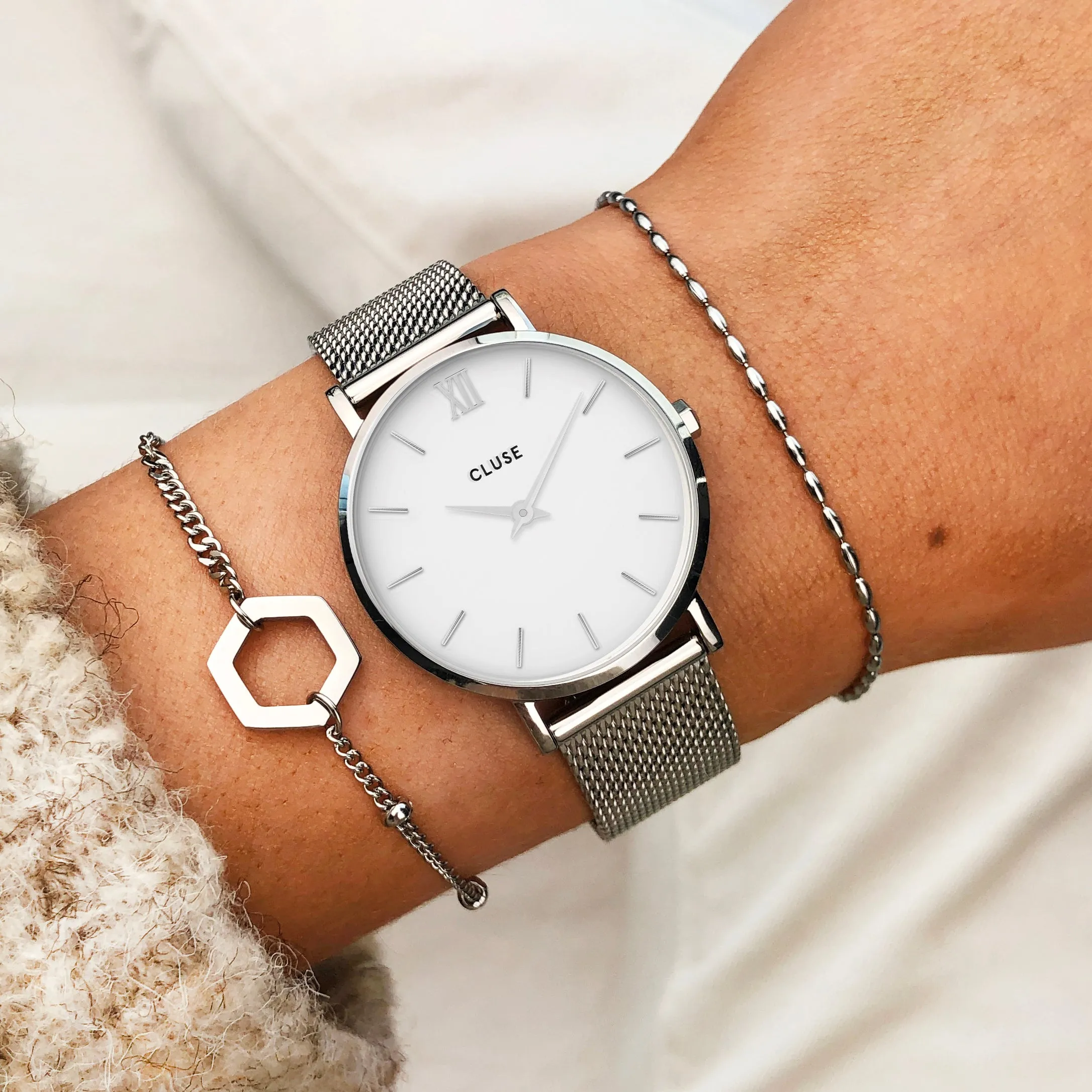 Gift Box Minuit Watch Mesh & Grey Leather Strap, Silver Colour