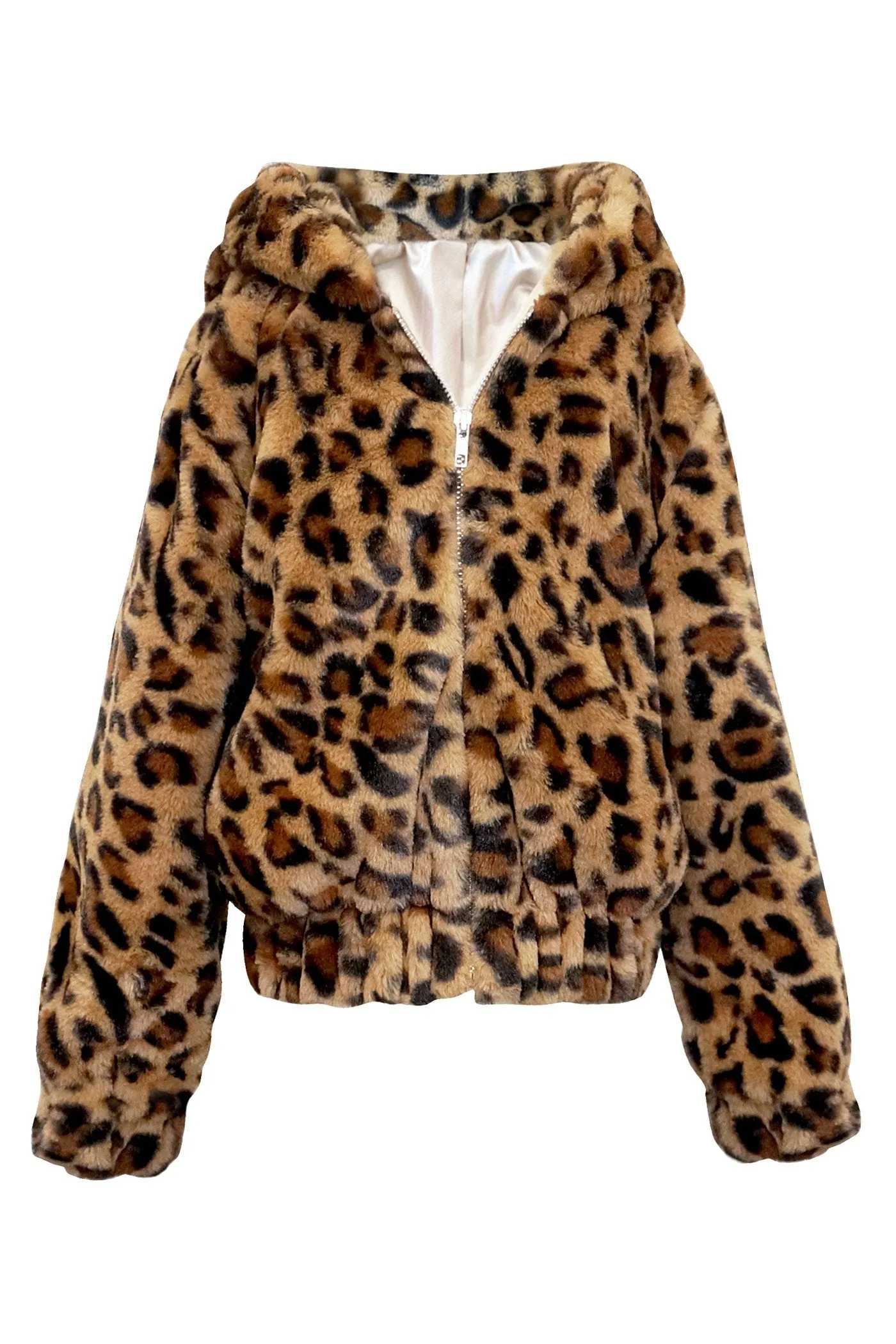 Girls Animal Print Hooded Faux Fur Bomber Jacket