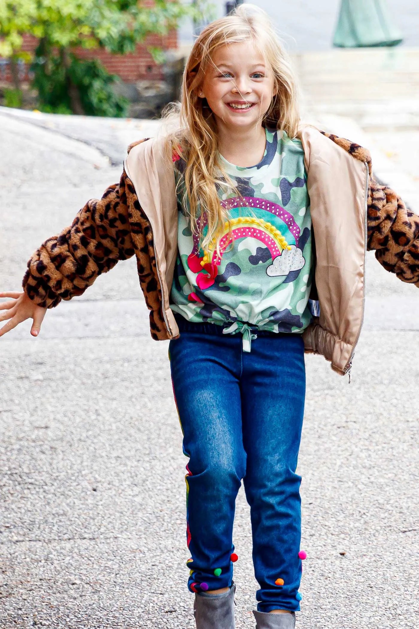 Girls Animal Print Hooded Faux Fur Bomber Jacket