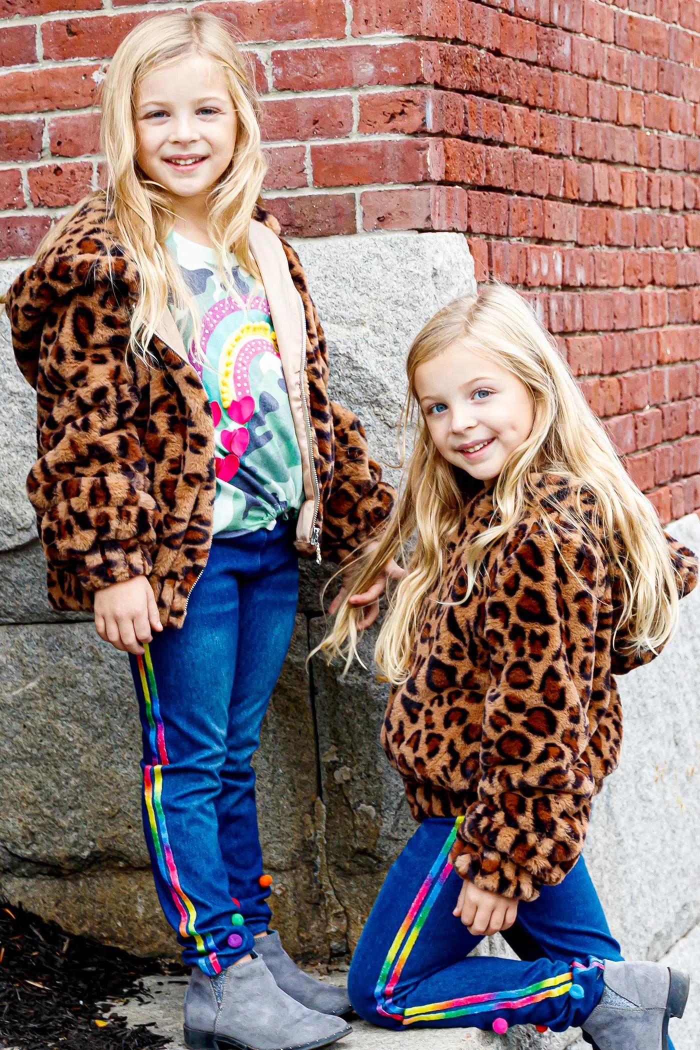 Girls Animal Print Hooded Faux Fur Bomber Jacket