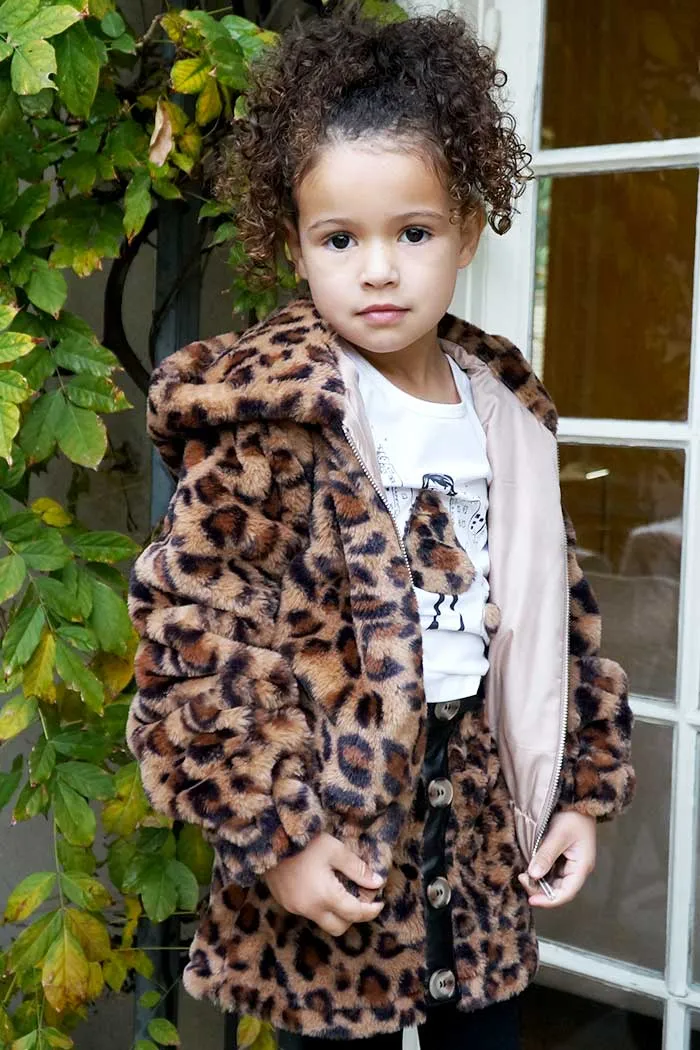 Girls Animal Print Hooded Faux Fur Bomber Jacket