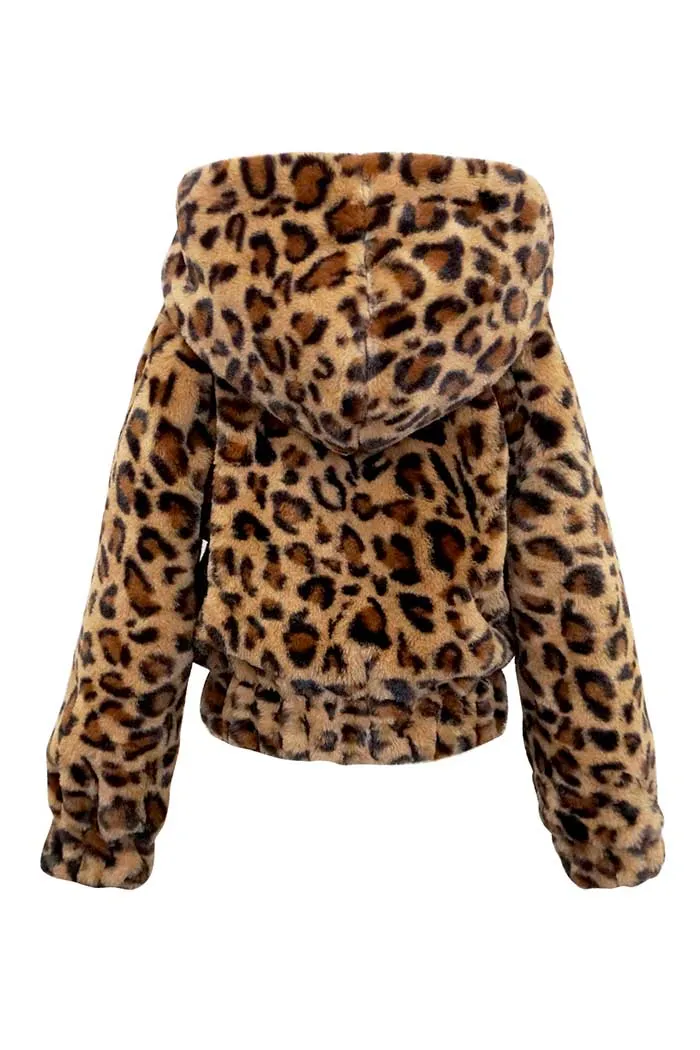 Girls Animal Print Hooded Faux Fur Bomber Jacket