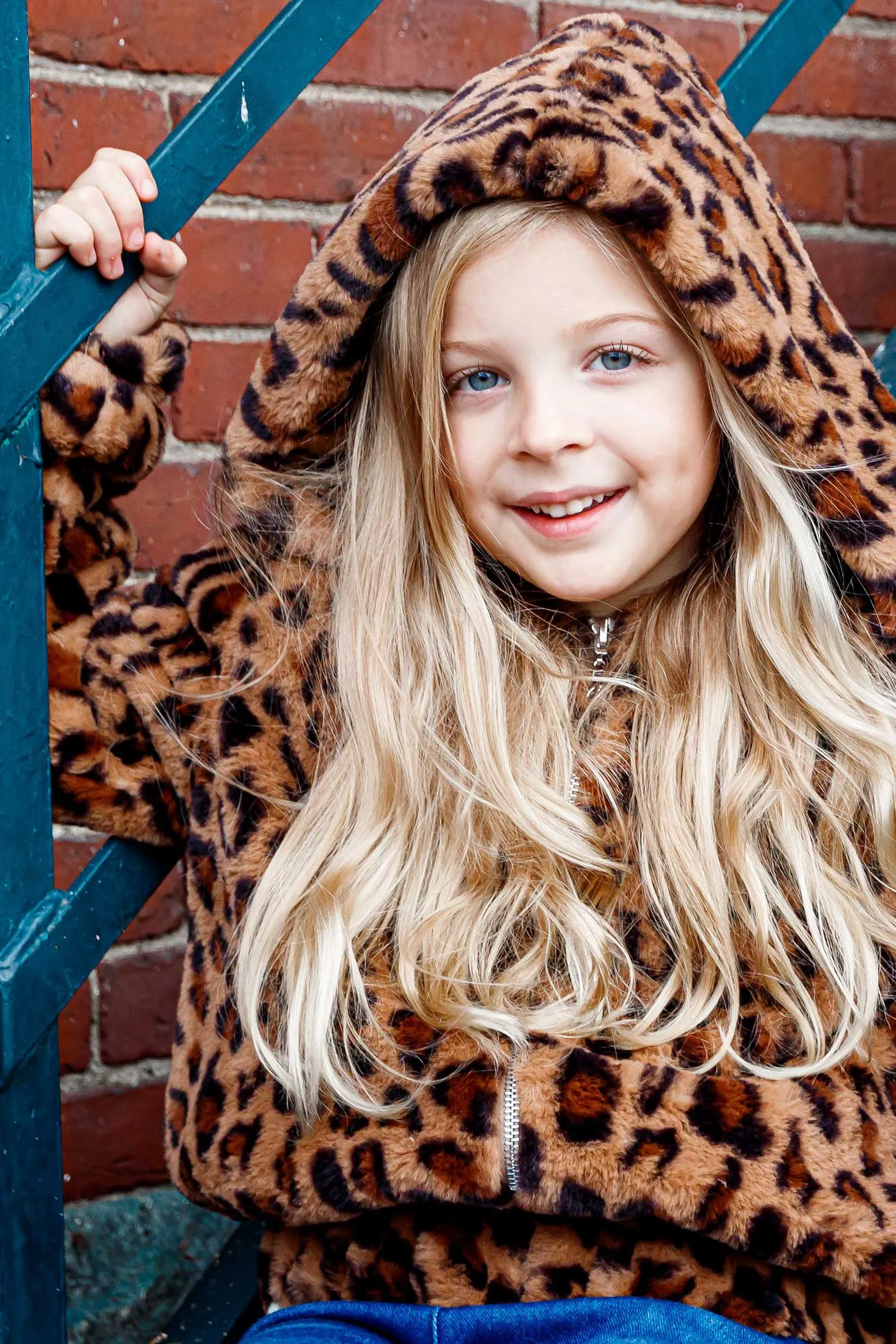 Girls Animal Print Hooded Faux Fur Bomber Jacket