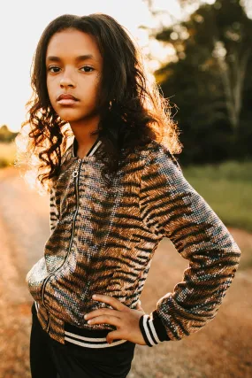 Girls Animal Print Sequin Bomber Jacket