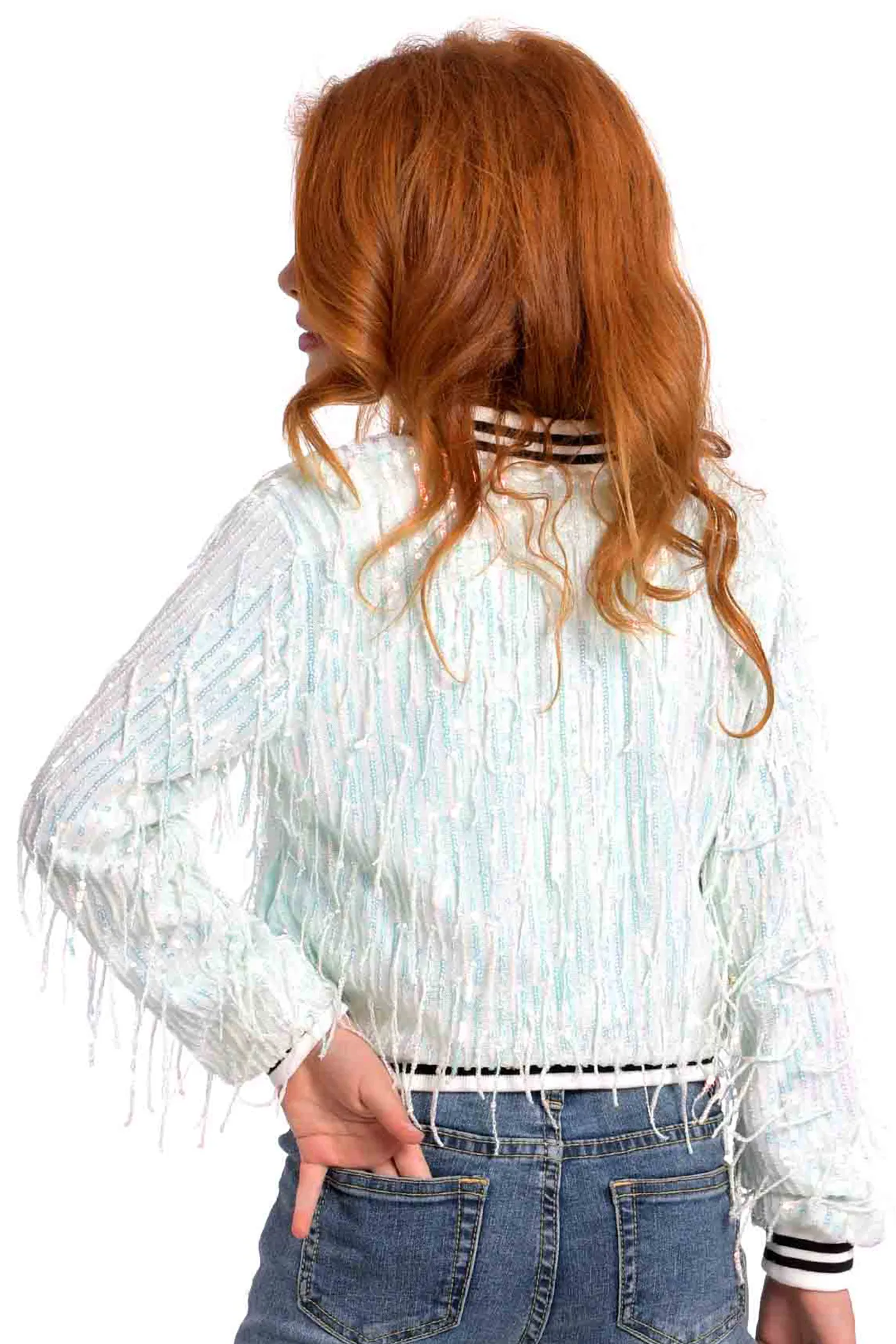 Girls Fringe Sequin Fashion Bomber Jacket