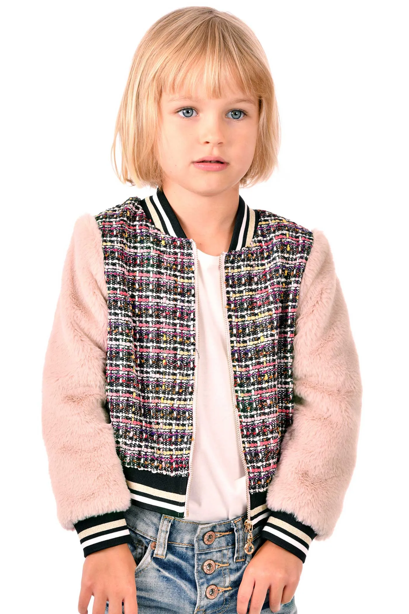 Girls Tweed and Fur Fashion Bomber Jacket