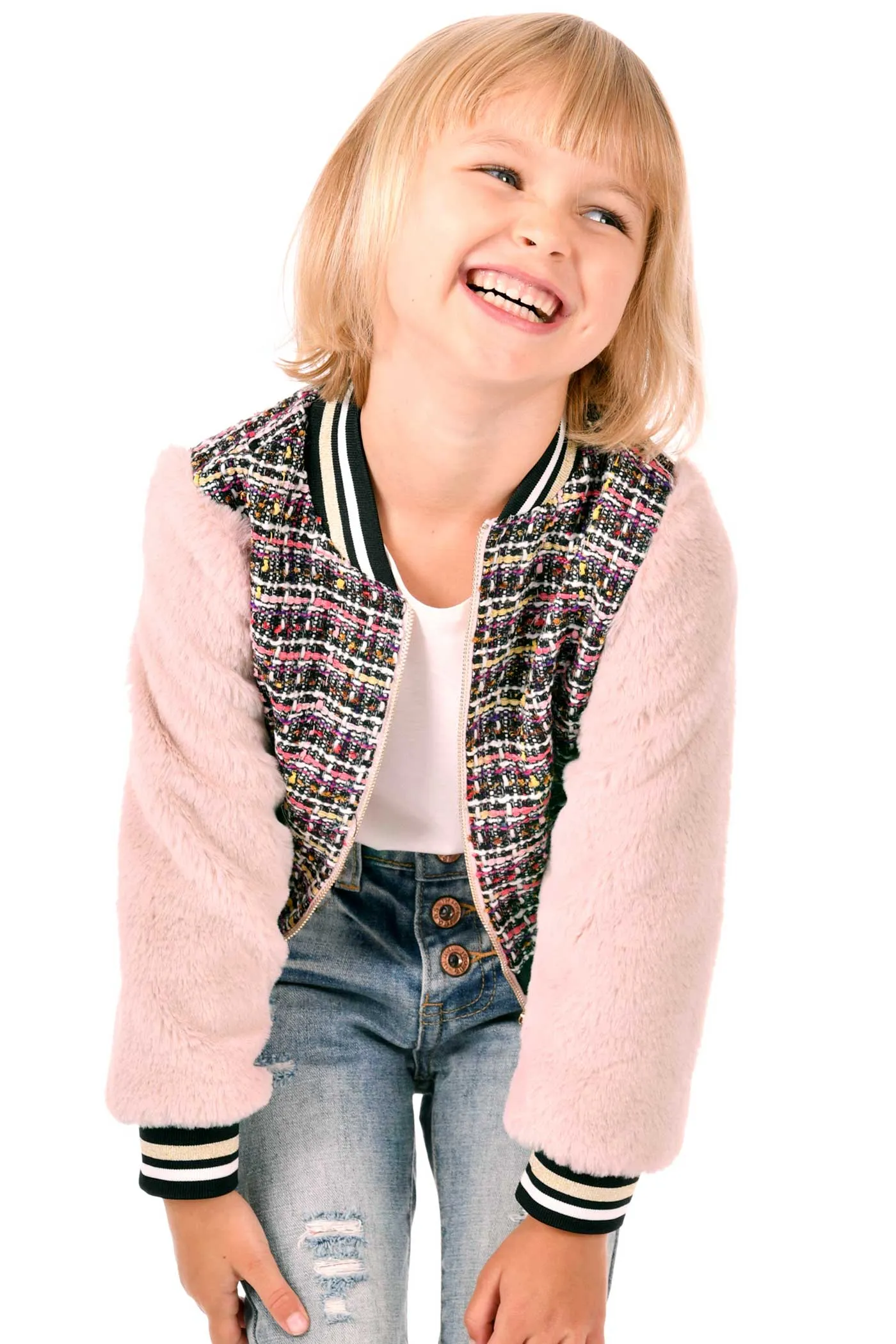 Girls Tweed and Fur Fashion Bomber Jacket