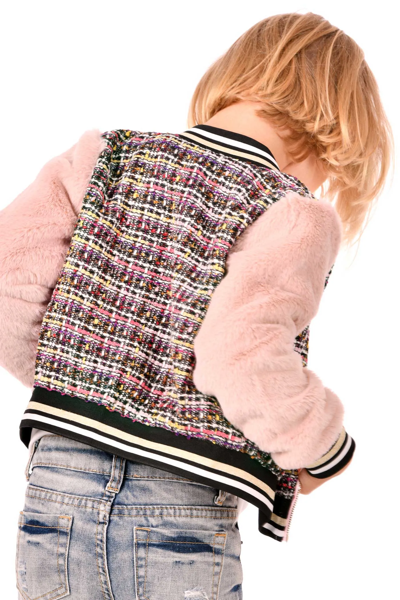 Girls Tweed and Fur Fashion Bomber Jacket