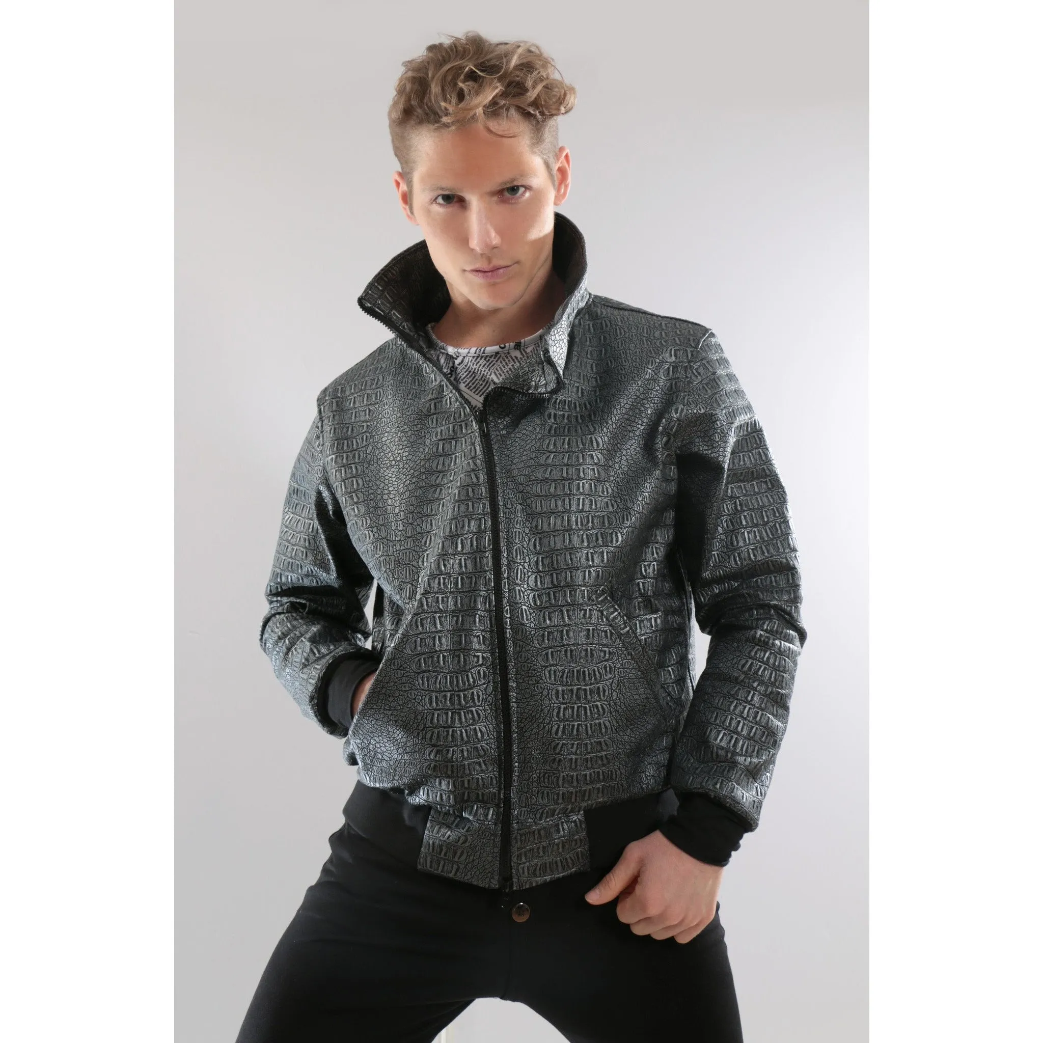 Gray Authentic leather Bomber Jacket