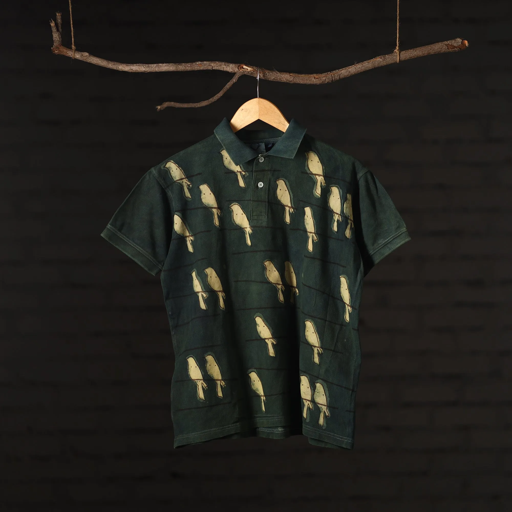 Green - Bindaas Natural Dyed Art Block Print Unisex Polo Collar T-shirt in Cotton