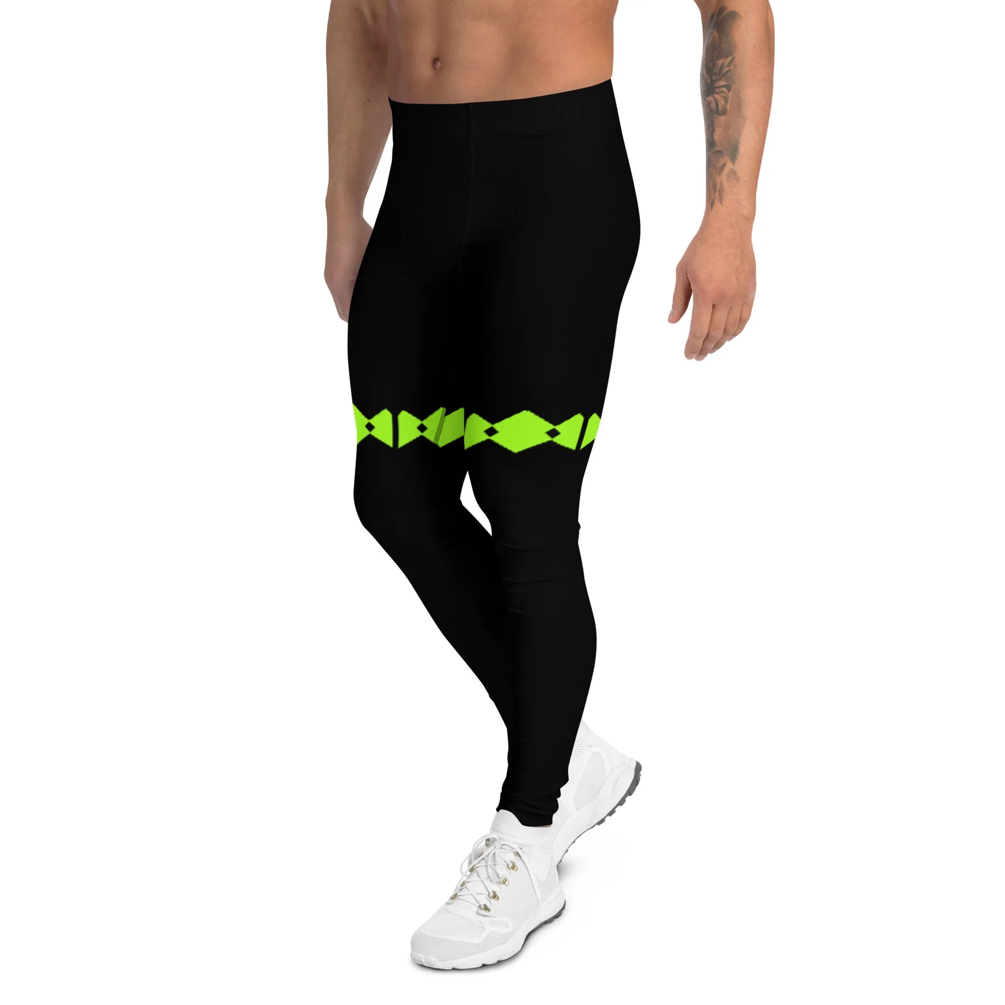 Green Patterned Men's Leggings, Black Neon Green Modern Meggings-Made in USA/EU/MX