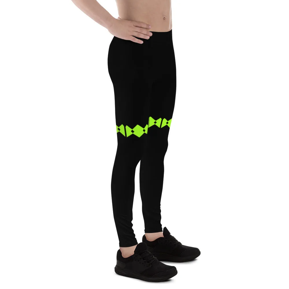 Green Patterned Men's Leggings, Black Neon Green Modern Meggings-Made in USA/EU/MX