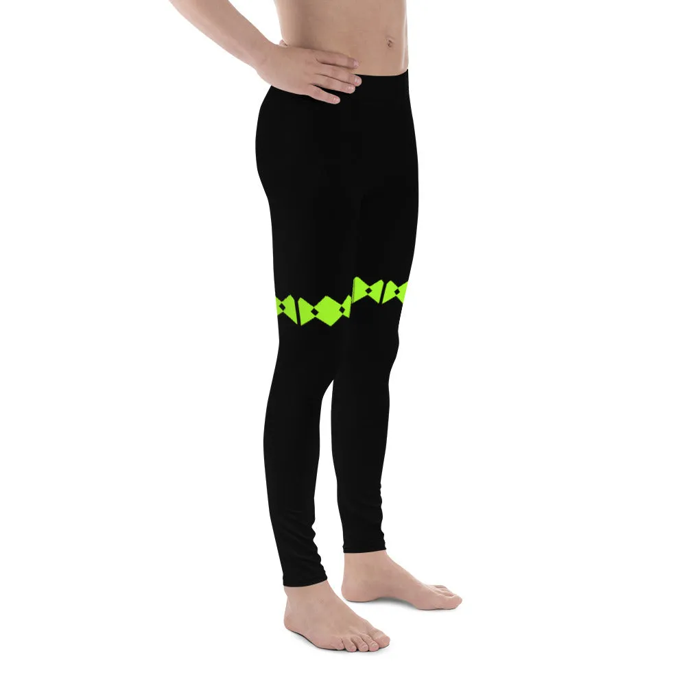 Green Patterned Men's Leggings, Black Neon Green Modern Meggings-Made in USA/EU/MX