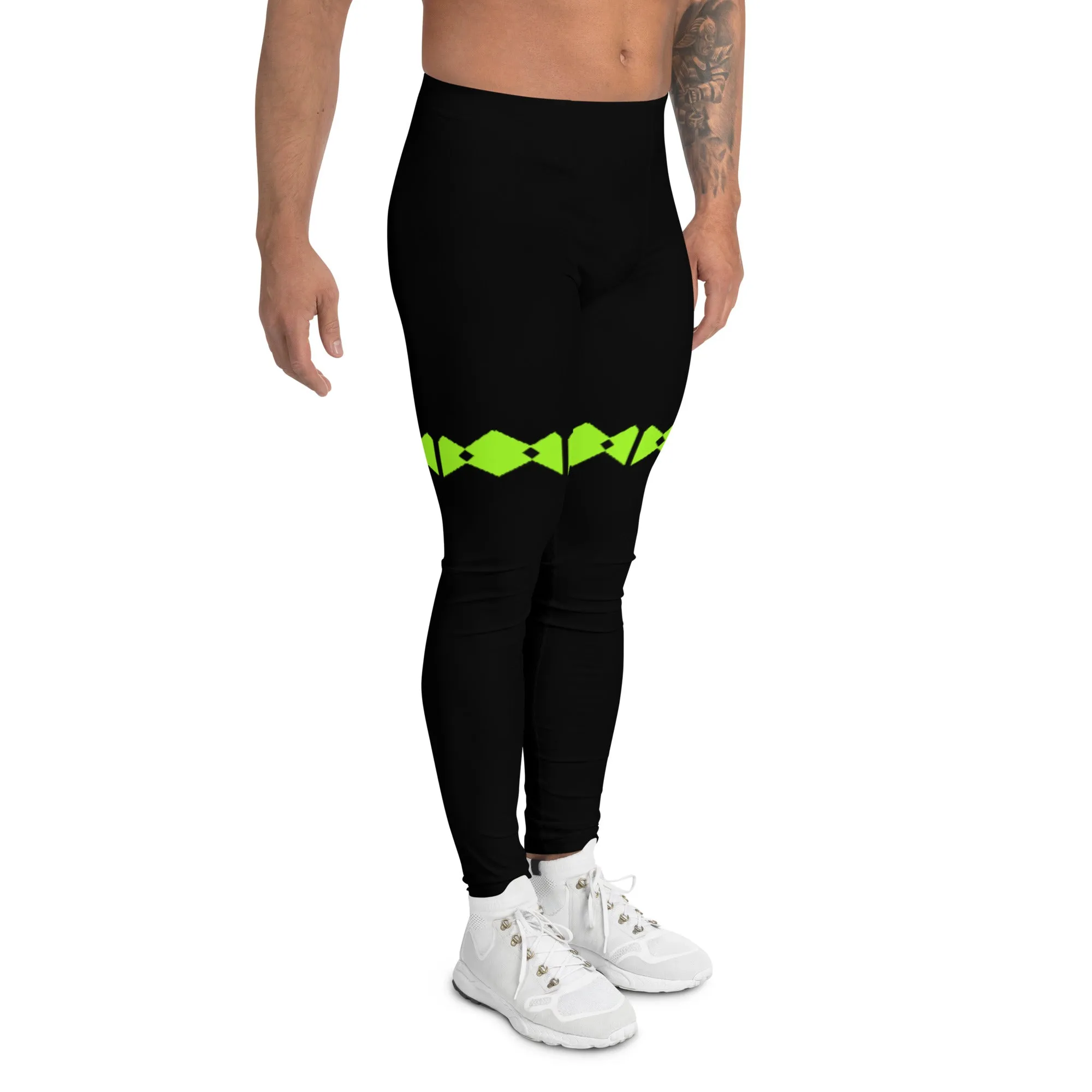 Green Patterned Men's Leggings, Black Neon Green Modern Meggings-Made in USA/EU/MX