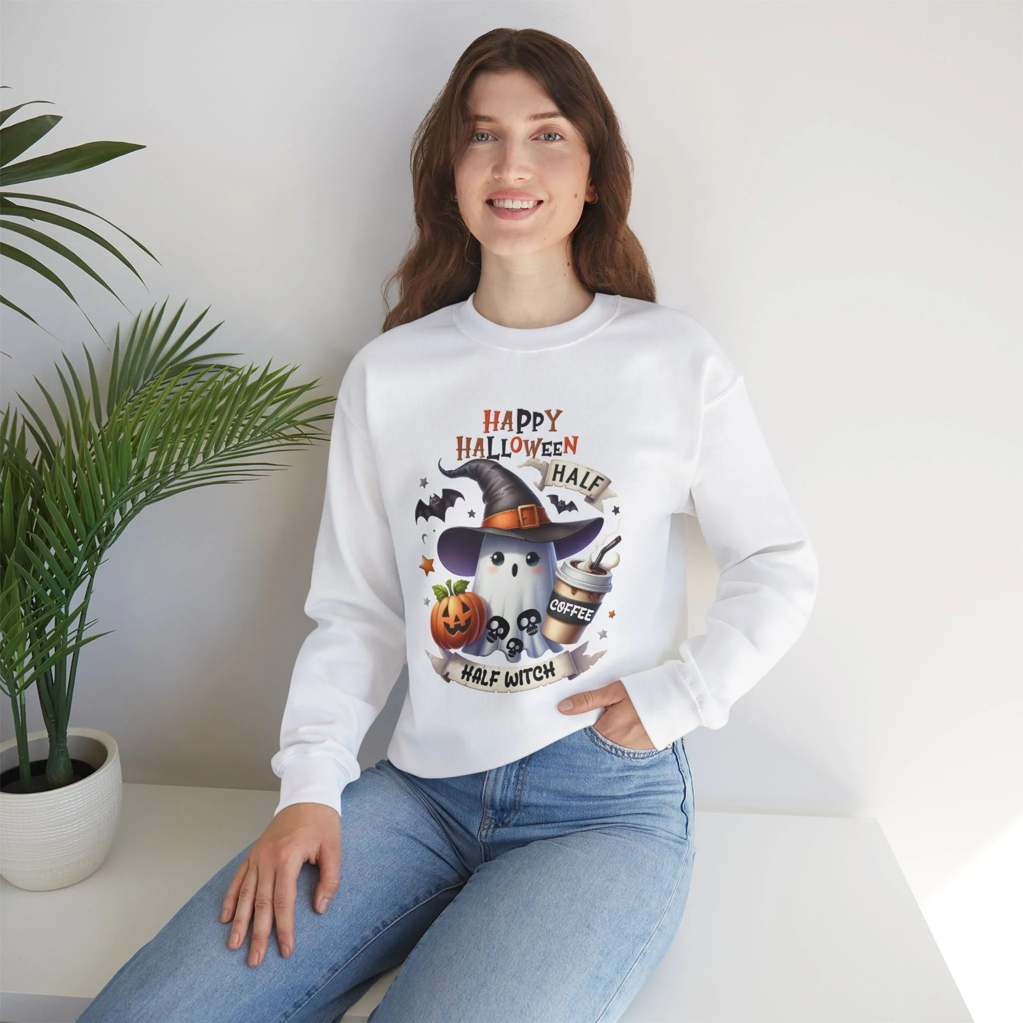 Half Coffee Half Witch sweatshirt, Happy Halloween Sweatshirt - Unisex Heavy Blend Crewneck, Halloween Sweatshirt, Cute Spooky Ghost sweatshirt.