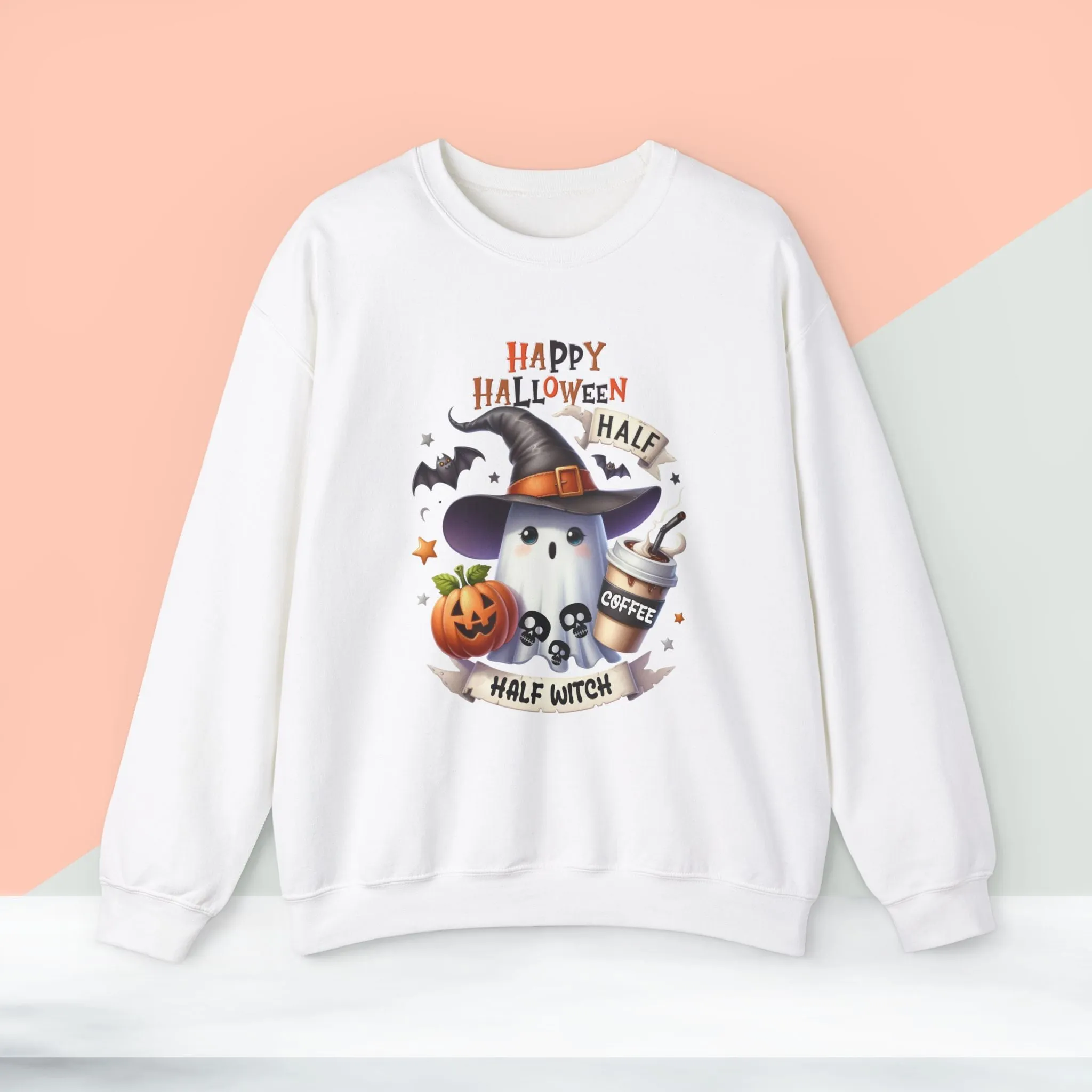 Half Coffee Half Witch sweatshirt, Happy Halloween Sweatshirt - Unisex Heavy Blend Crewneck, Halloween Sweatshirt, Cute Spooky Ghost sweatshirt.