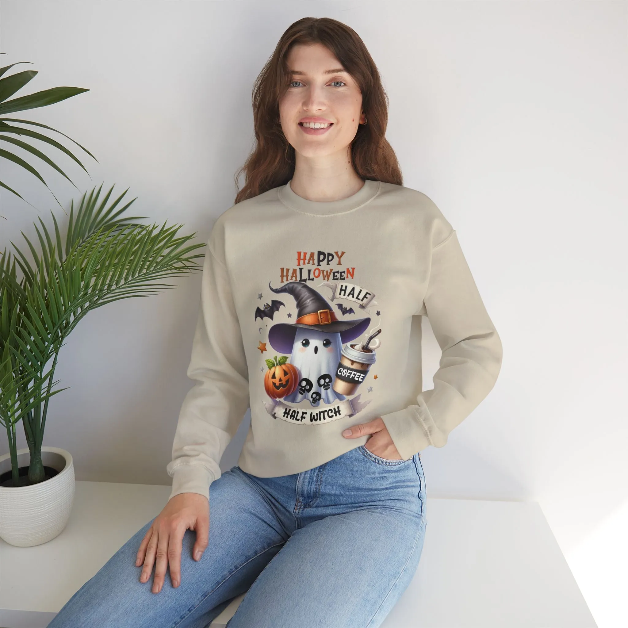 Half Coffee Half Witch sweatshirt, Happy Halloween Sweatshirt - Unisex Heavy Blend Crewneck, Halloween Sweatshirt, Cute Spooky Ghost sweatshirt.