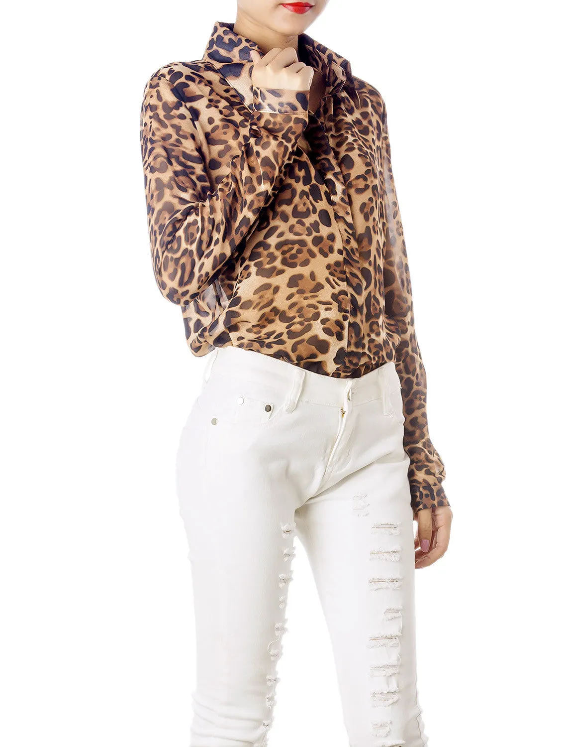 iB-iP Women's Sheer Tulle Leopard Prints Long Sleeves Button Down Spread Shirt