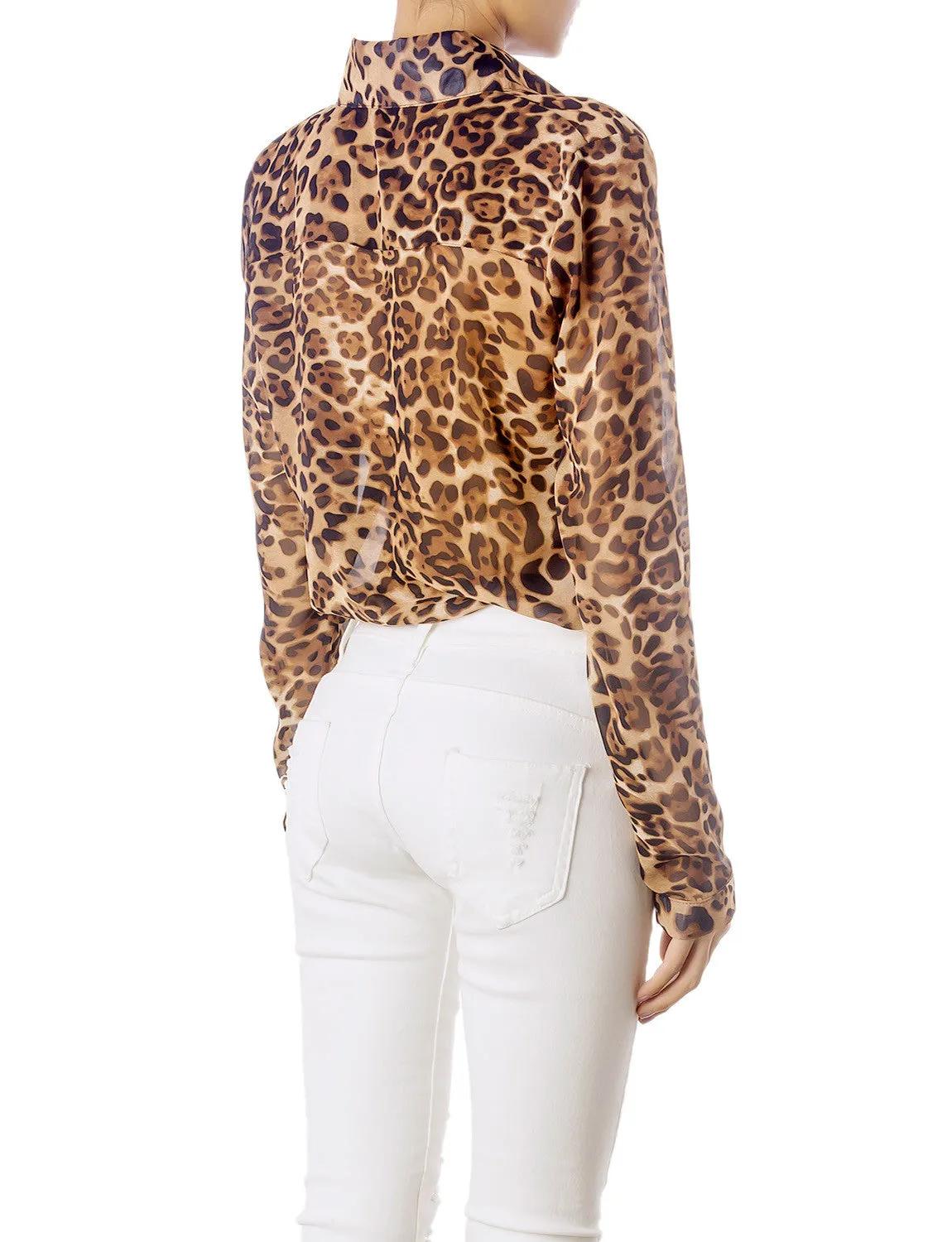 iB-iP Women's Sheer Tulle Leopard Prints Long Sleeves Button Down Spread Shirt